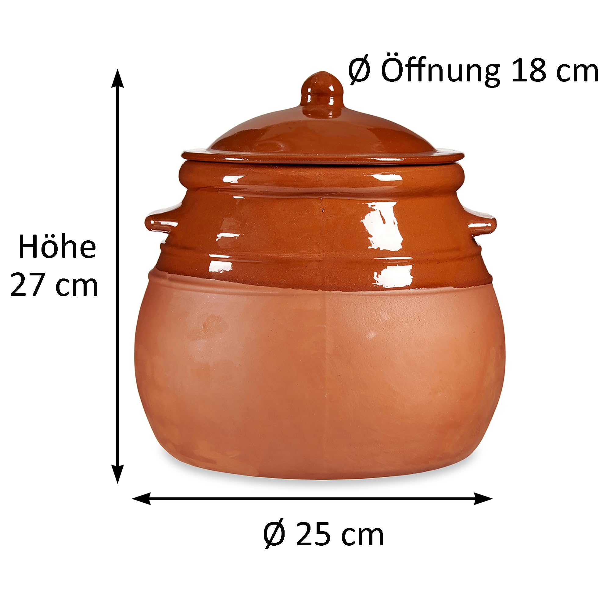 Tontopf mit Deckel 4,5 L Stewpot Eintopf - (4,5 Liter / 25 x 25 x 27 cm) | Schmortopf Antike - Tongeschirr Mittelalter - Wikinger - Topf aus Ton mit Deckel teilglasiert