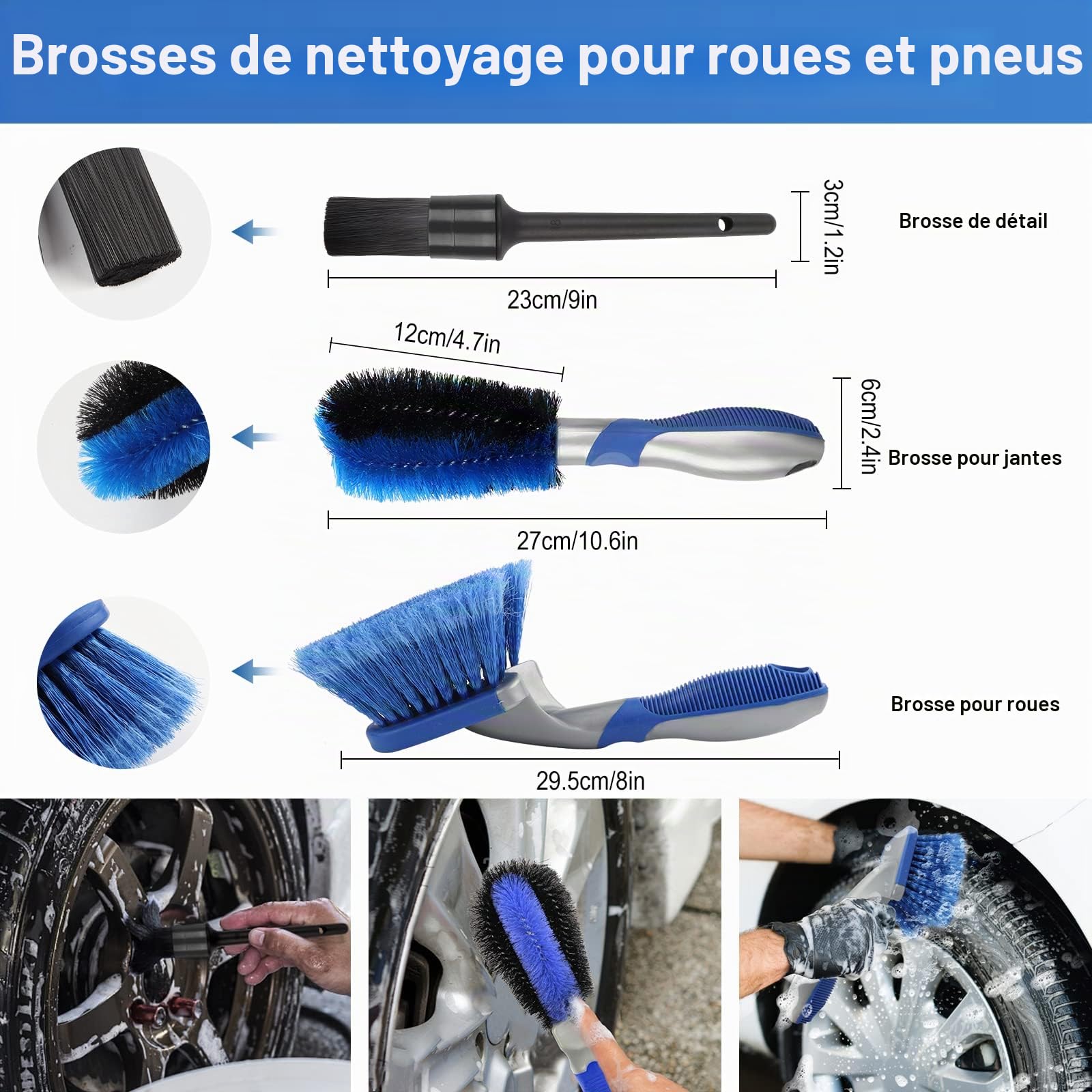 Kit de nettoyage de voiture avec sac de rangement, 13 produits de lavage de voiture à l'intérieur et à l'extérieur, seau pliable, brosse de roue à manche court, gants de lavage en microfibre (bleu)