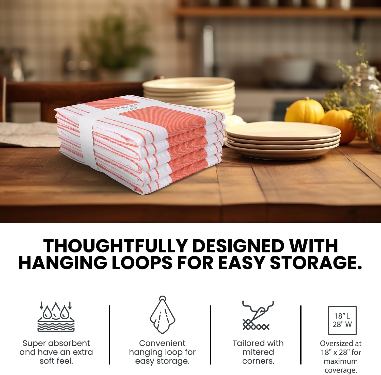 Stripe Kitchen Towels Decor Mordern Design Centreband Tea Dish Towels Boho Stripe Absorbent Festive Gift Set of 6 Pantry Reusable Kitchen Dish Towel|Easter Spring Decor 18x28 Inch Coral image 5