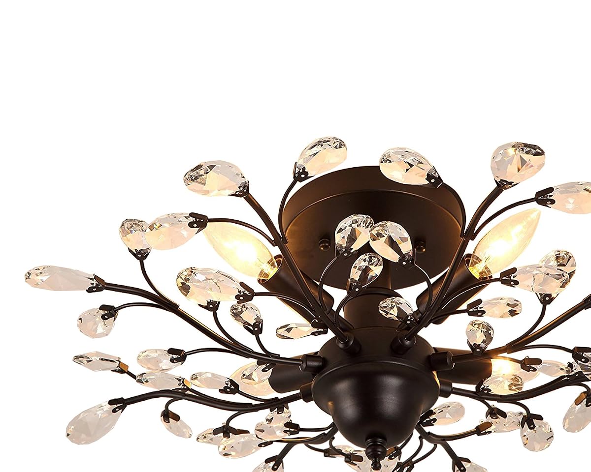 SEOL Vintage Crystal Branch Chandelier Flush Mount Light Fixture, 4 Lights,