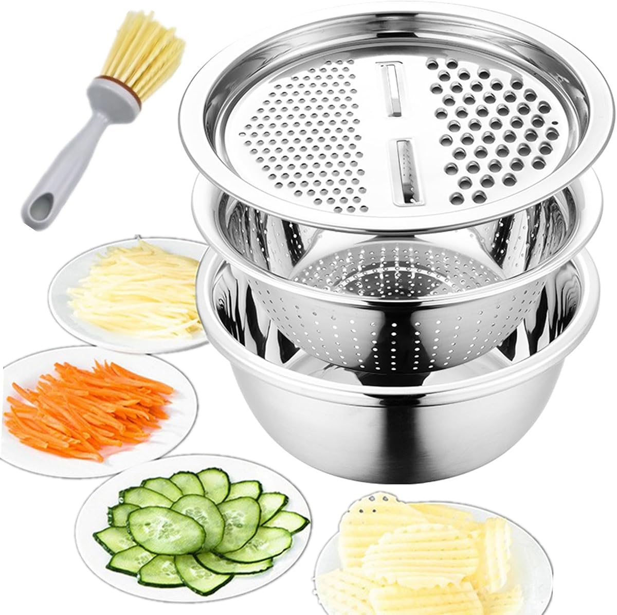 German 3 in 1 Stainless Steel Grater Bowl Set, Multifunctional Basin with Shredder & Drain Basket, Vegetable Cutter/Slicer/Strainer for Kitchen Prep，24cm/9.4in