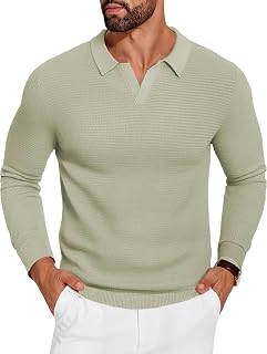 COOFANDY Mens Knit Polo Sweater V-Neck Long Sleeve Textured Lightweight Casual Dress Pullover Fall Sweaters
