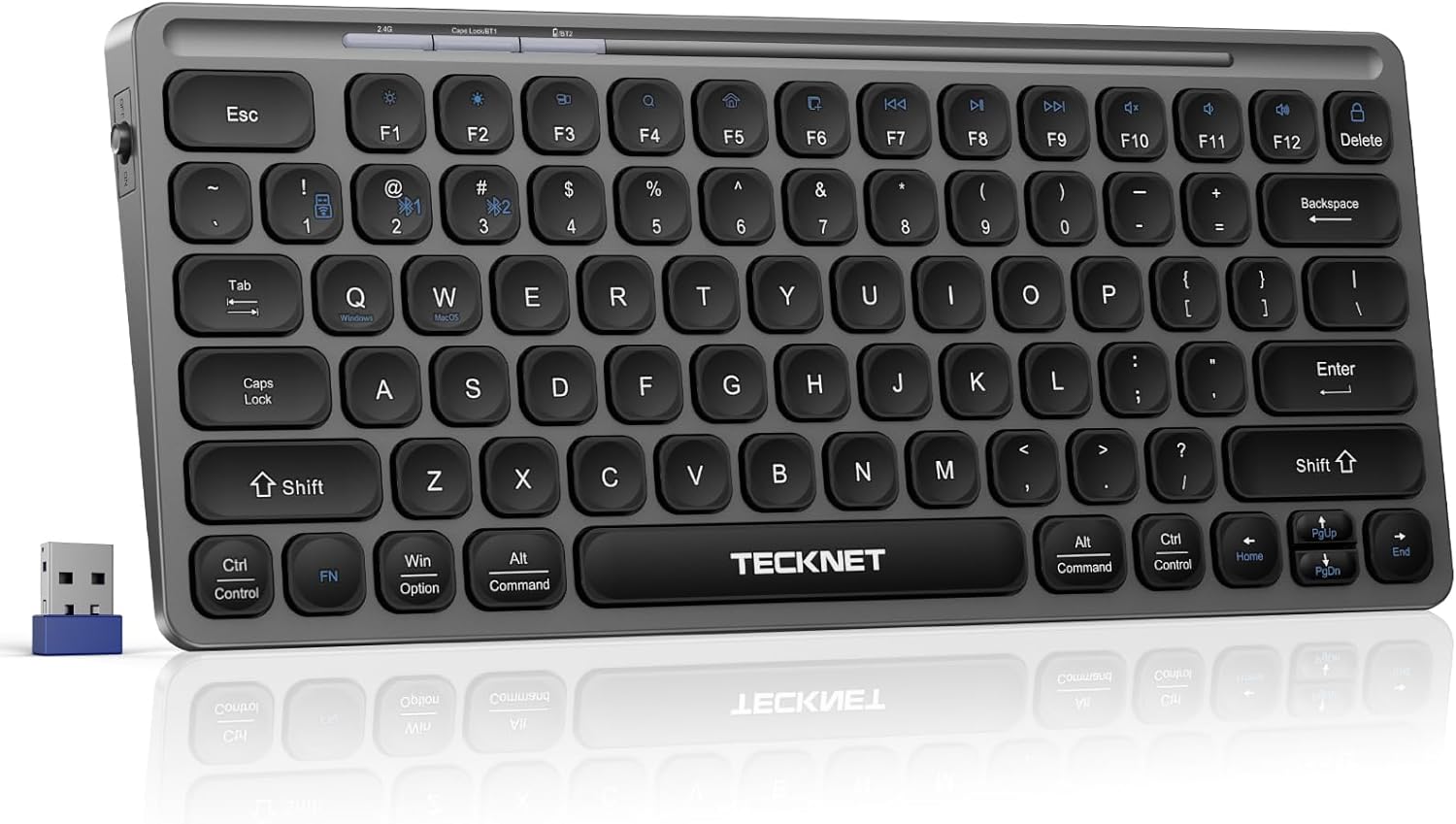 TECKNET Wireless Bluetooth Keyboard, Slim Rechargeable Keyboard (2.4G+BT 5.0), Multi-Device Easy-Switch, Quiet Typing, Silent Mini Portable Cordless USB Computer Keyboards for Windows Laptop PC, Gray