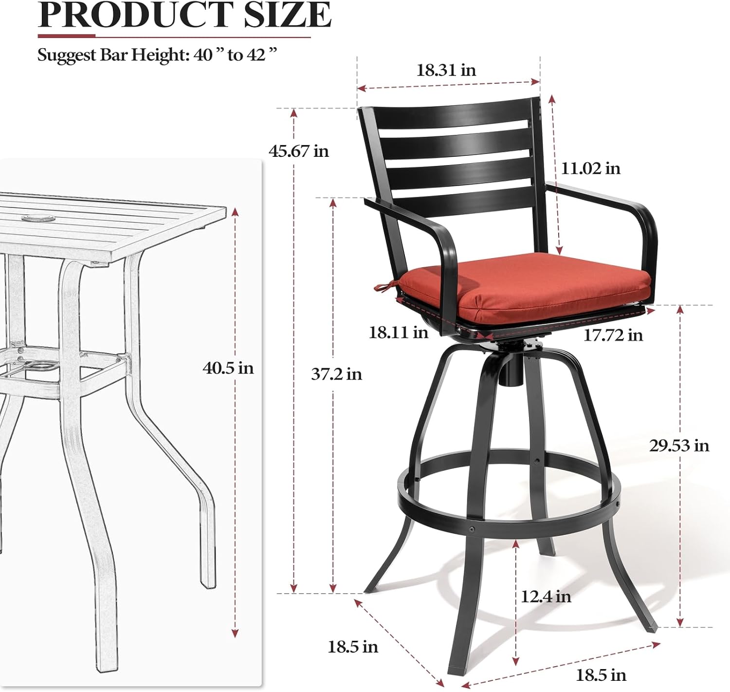 Crestlive Products Heavy Duty Cast Aluminum Outdoor Swivel Bar Stools with Sunbrella Cushion, Patio Bar Height Chair Set of 4, All Weather Black Finish for Outside, Commercial Grade(Red)