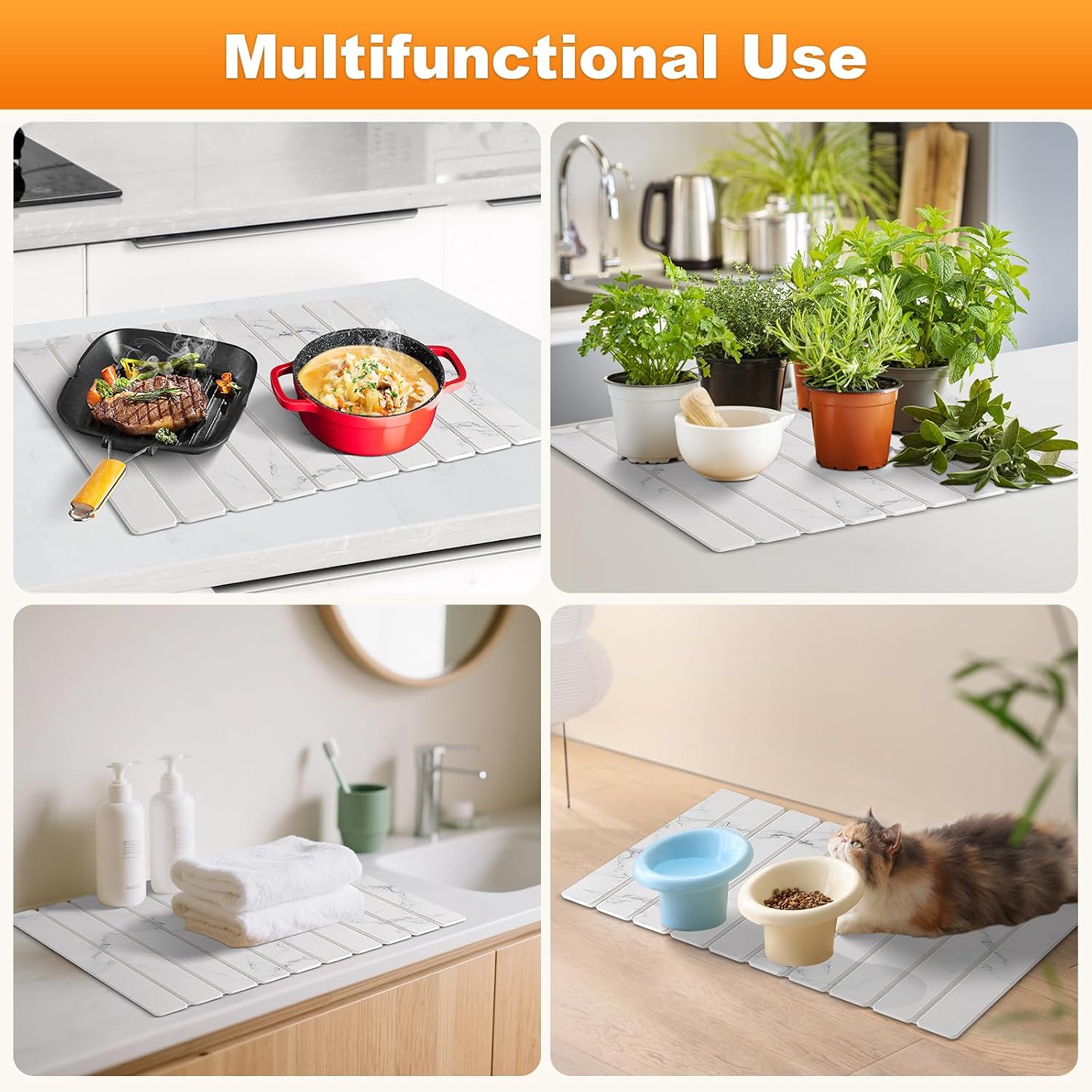 Large Stone Dish Drying Mat, Collapsible Stone Drying Mat for Kitchen Counter 24"(L)×16"(W) Absorbent Diatomaceous Earth Drying Mat, Quick Dish Drying Mats for Cups Dishes Bathroom Marble Pattern