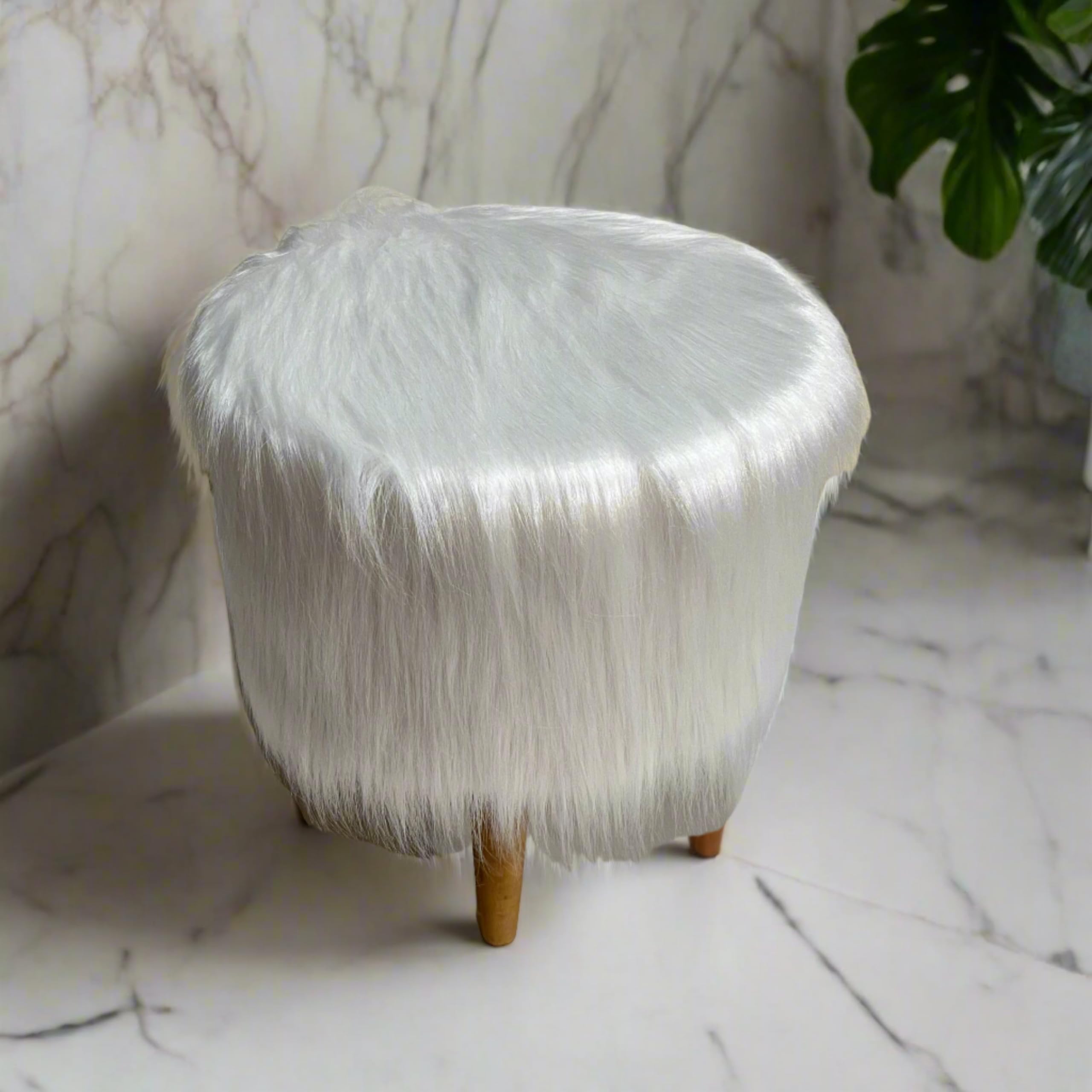 Housine Stool Décor Beautiful Fur Puffy Stool for Living Room, Sitting Designer Ottoman Cushioned for Foot Rest Home Furniture with 4 Legs German Teak - 16X16X16 inch (White-Fur)-image-1