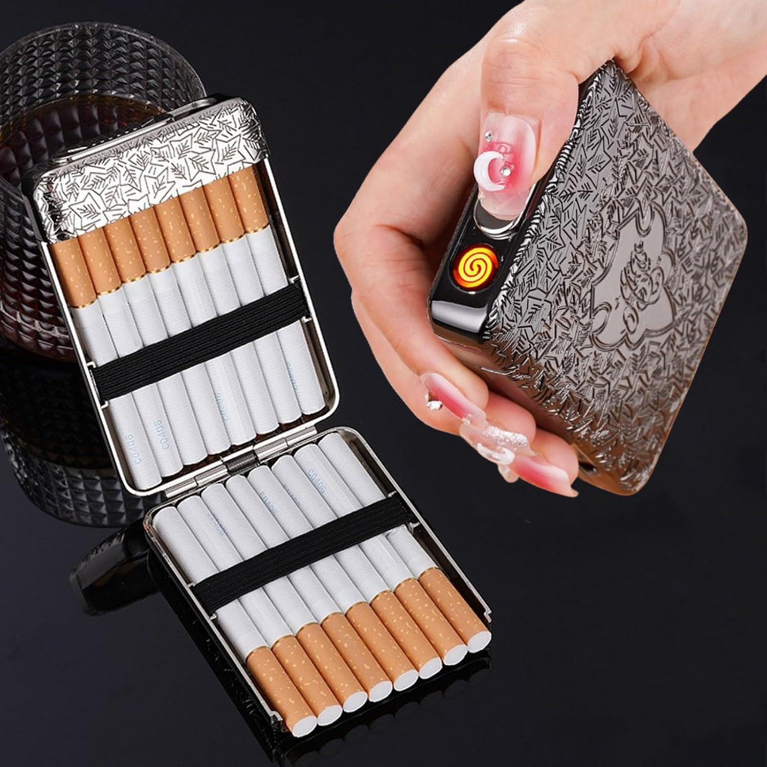 Metal Cigarette Case with Lighter King Size Portable Pack 16pcs Regular Cigarettes USB Lighters Cigarettes Box 2 in 1 Rechargeable Flameless Windproof Electric Lighter（Silver）