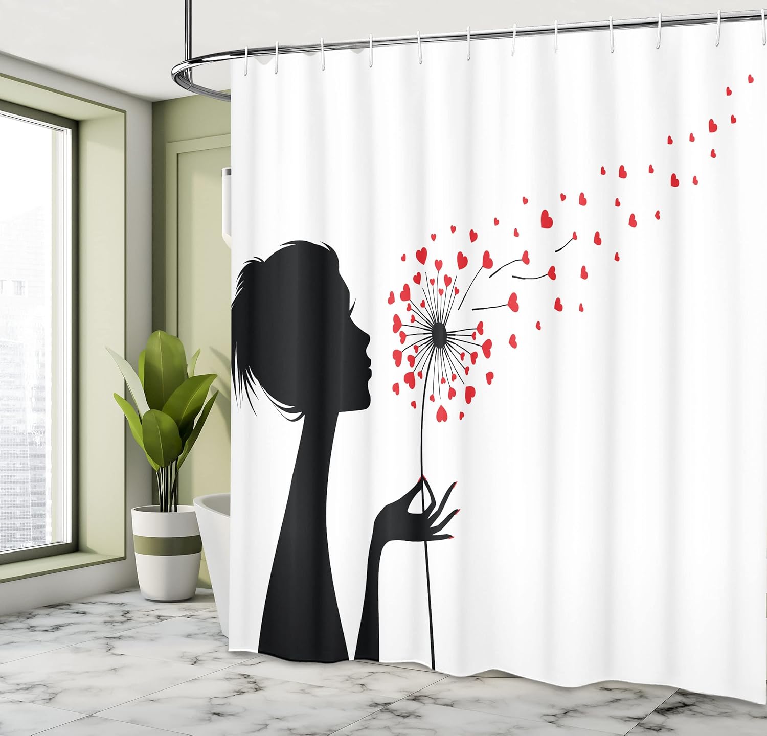 Ambesonne Dandelion Shower Curtain, Woman Silhouette Heart Flying Valentines Day Themed, Cloth Fabric Bathroom Decor Set with Hooks, 69" W x 70" L, Vermilion Black White