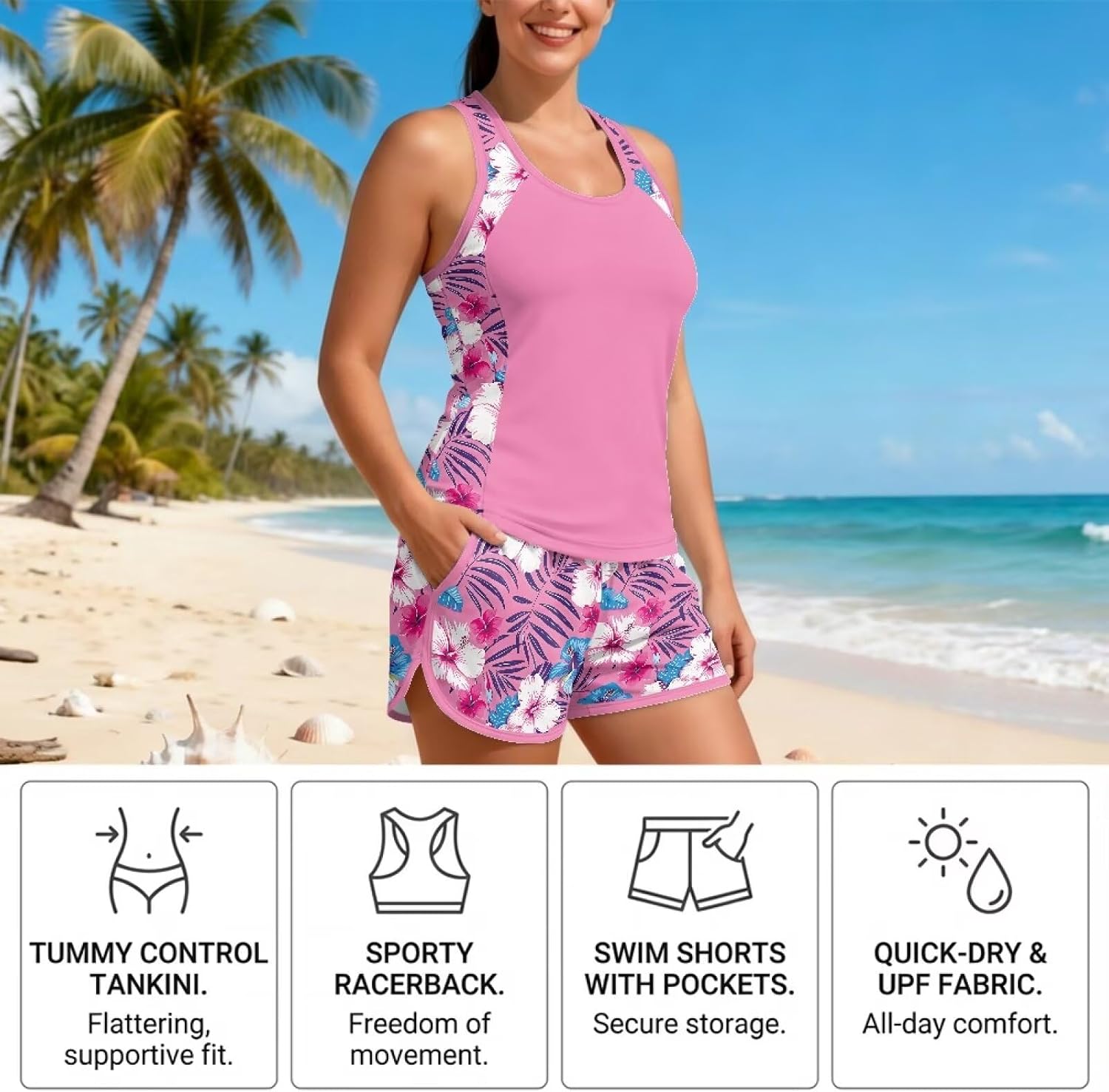 Tankini Swimsuits for Women Bathing Suits Tummy Control Swim Tank Top with Shorts Two Piece Bathing Suit for Women