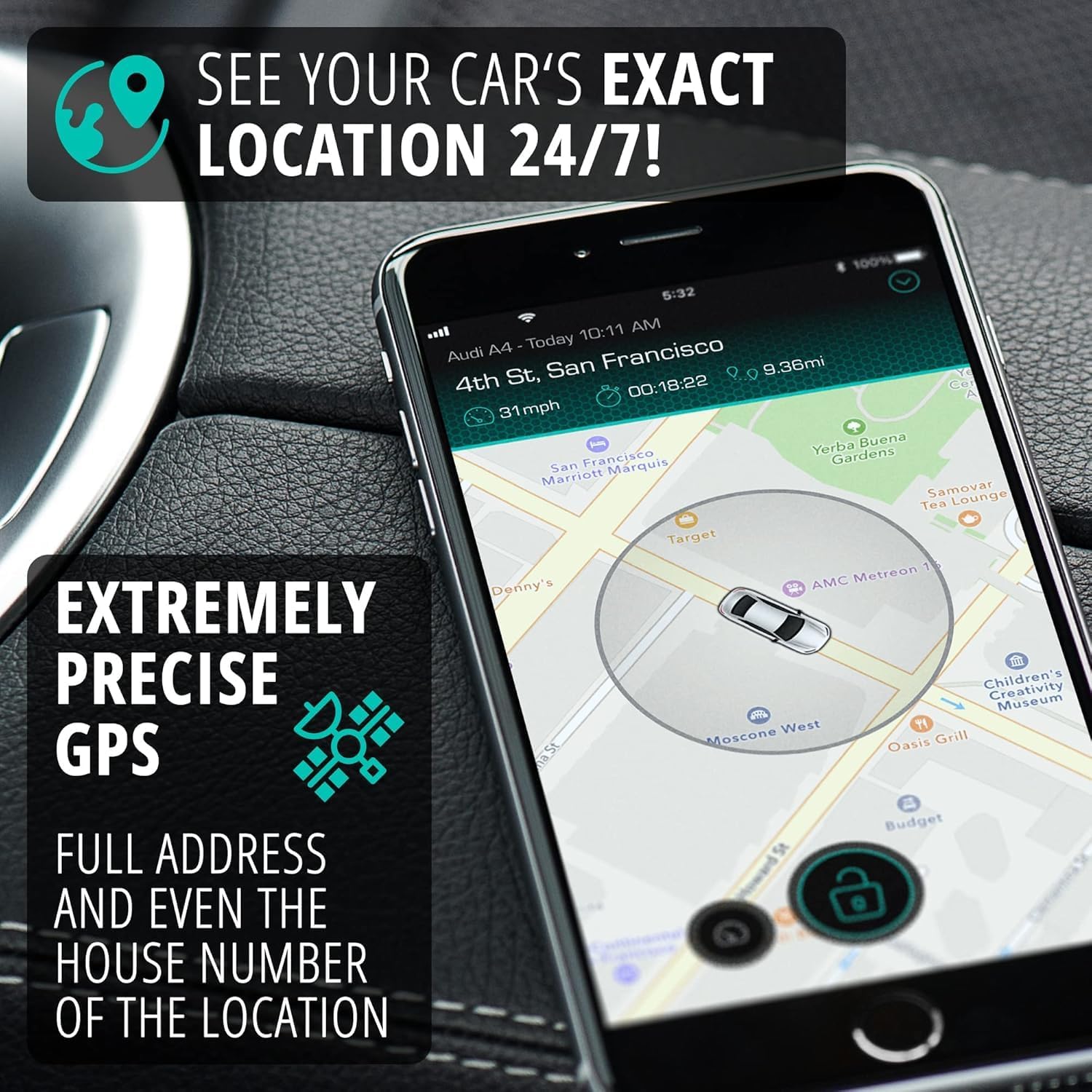 Smartphone screen showing the CarLock app with a map displaying the precise GPS location of a vehicle.