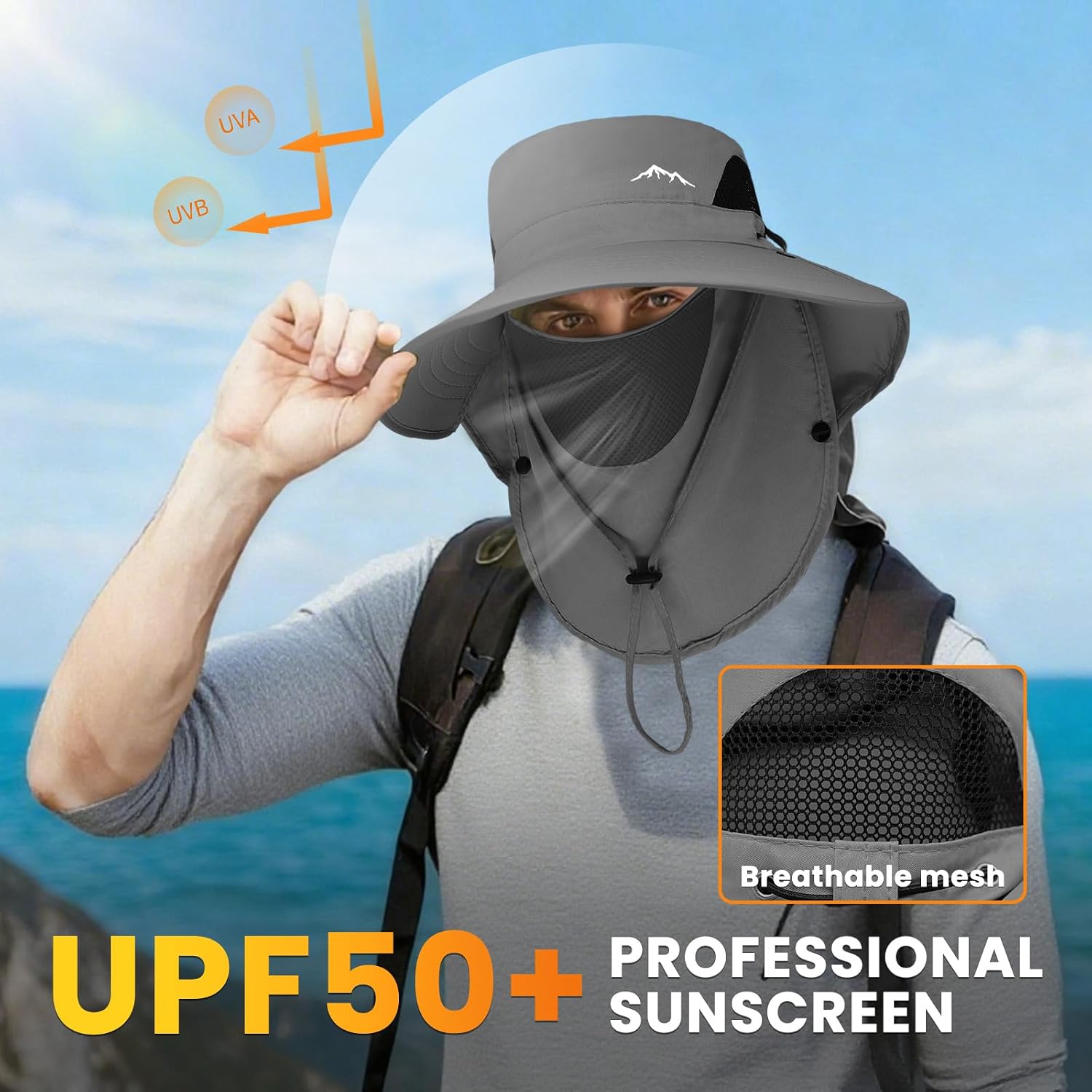 Men's Quick Dry Packable Bucket Hat with Neck Flap Uv Protection UPF 50+ Sun Hat Wide Brim Boonie Hat with Chin Strap