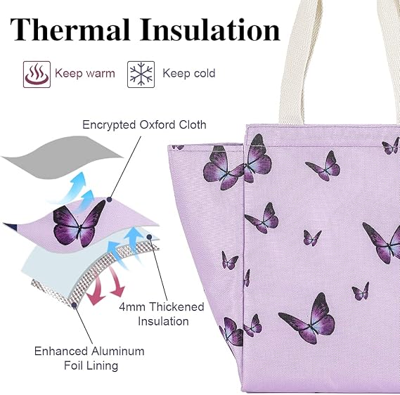 iknoe Insulated Lunch Bag for Women, 9L, Purple Butterfly | Durable, Wide-Open Foldable & Portable, Interior Pockets, Water-resistant Thermal Cooler