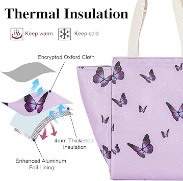 iknoe Insulated Lunch Bag for Women, 9L, Purple Butterfly | Durable, Wide-Open Foldable & Portable, Interior Pockets, Water-resistant Thermal Cooler