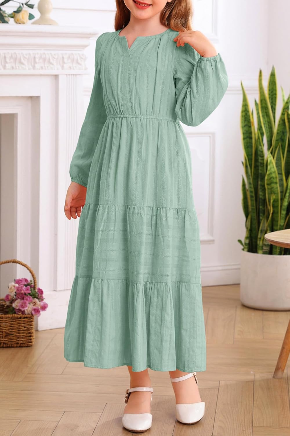 HOSIKA Girls Long Sleeve Dress V Neck Elastic Waist Tiered Flowy A-line Fall Maxi Dresses with Pockets for 6-12 Y - Image 4