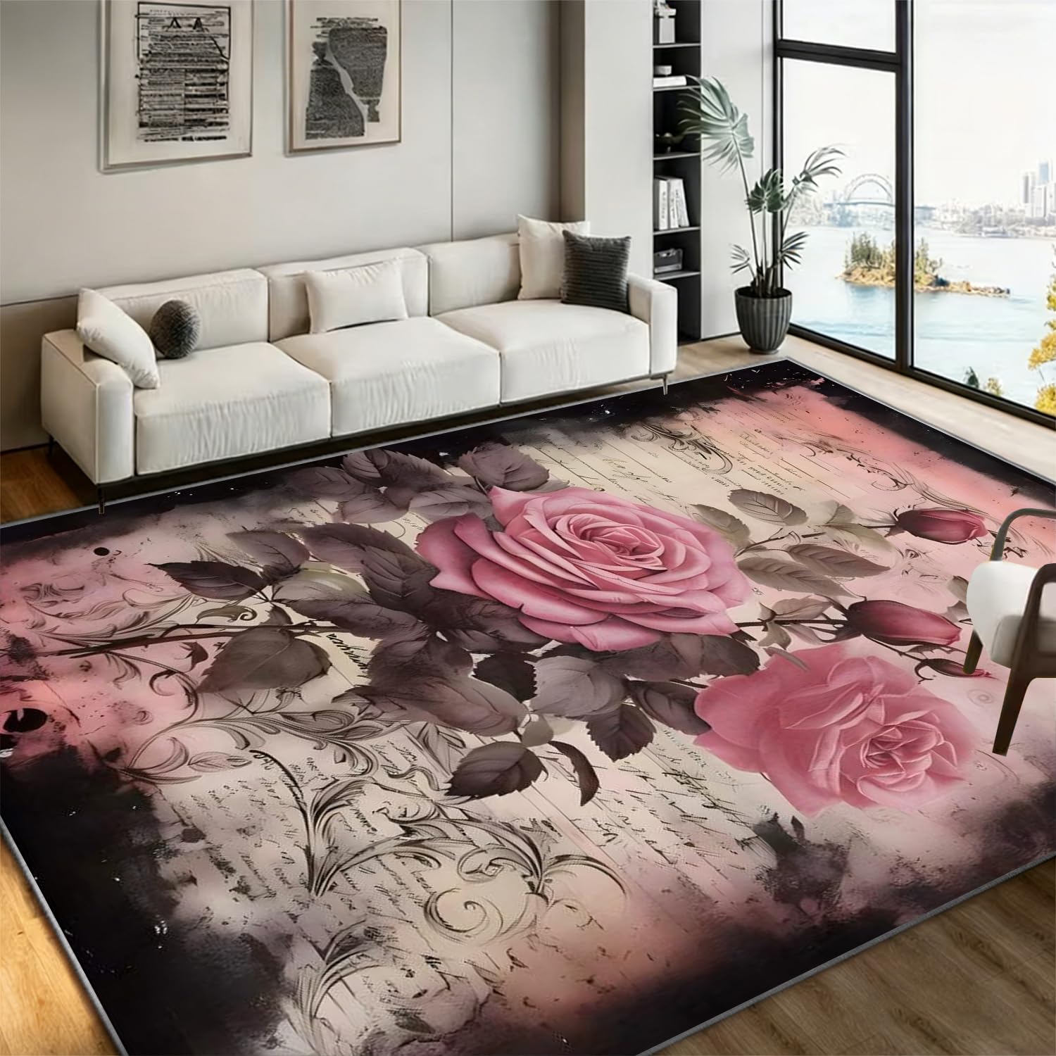 Bycmuoz Rose Pattern Carpet Runners, 120x180cm, Vintage Gothic Pink Roses Area Rug for Bedroom, Flower Plant Design Durable Low Pile Shed Resistant Non Slip Carpet for Family Floor Indoor