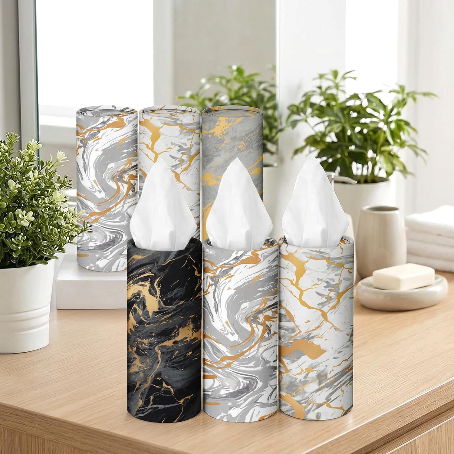 Arttown Car Tissue Holder for Cup Holder,Facial Tissues Bulk 3-Ply,Refillable Marble Print Cylinder Tissue Boxes,Fit Car Home Office School,12 Pack (600 Sheets Total,50 Sheets Each)