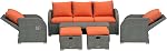 Meubles de patio Outsunny avec coussins, ensemble de conversation de meubles sectionnels en osier PE de 6 pièces avec un canapé trois places, 2 chaises inclinables, 2 repose-pieds et table, orange