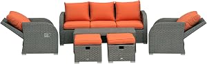 Outsunny Patio Furniture with Cushions, 6 Pieces PE Wicker Patio Sectional Furniture Conversation Set w/a Three-Seat Sofa, 2 Recliner Chairs, 2 Footstools & Table, Orange