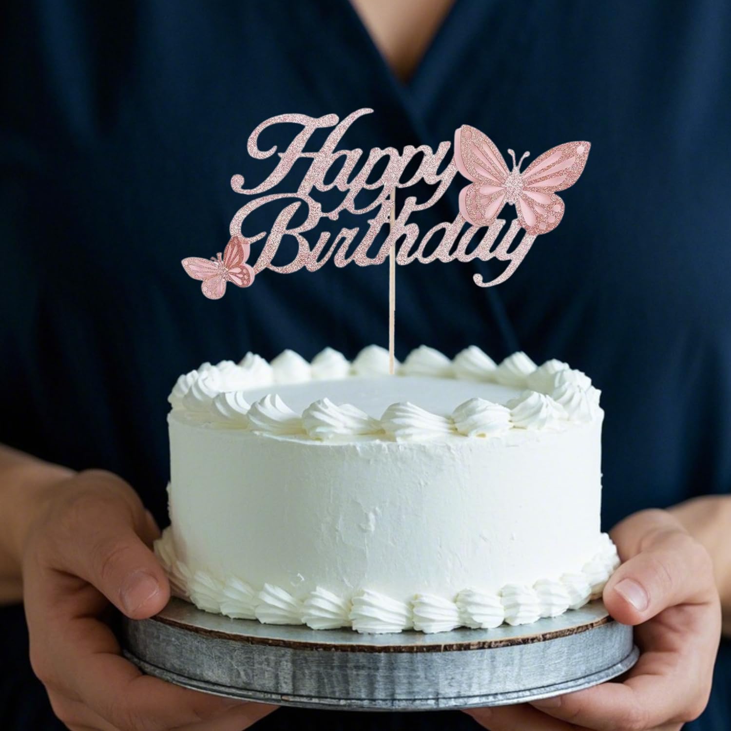 ALISSAR Rose Gold Happy Birthday Cake Topper with 3d Handmade Butterfly, Butterfly Cake Toppers for Girls Women's Birthday Cake Party Decorations (rose gold)