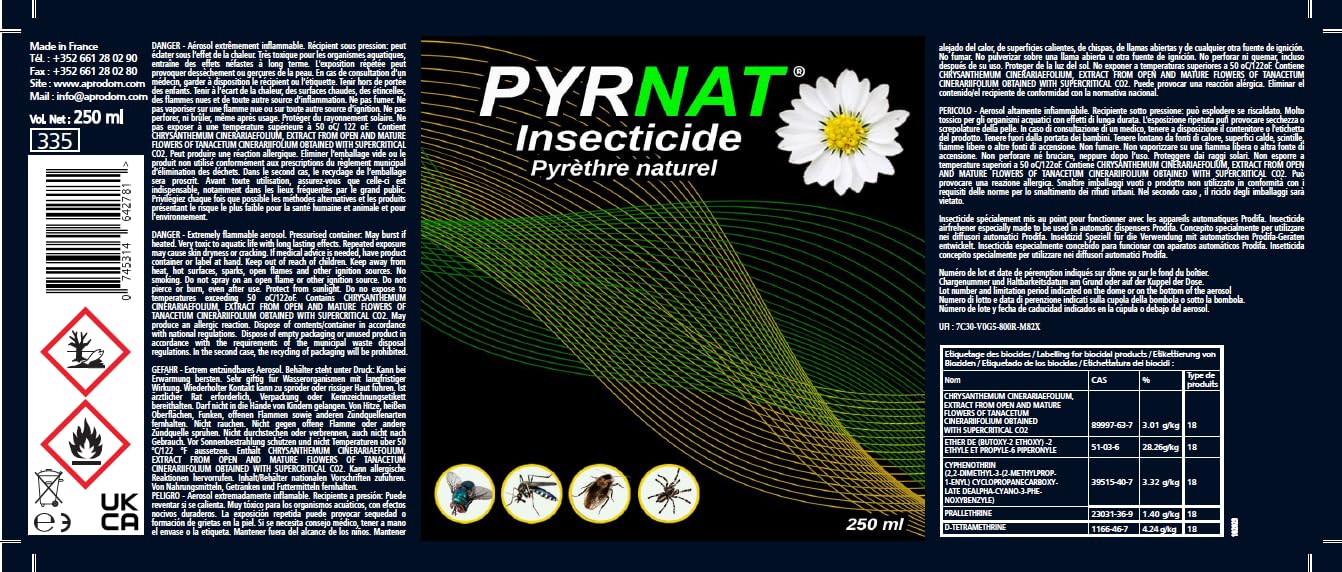 Insecticide 6x250ml au Pyrèthre avec Diffuseur Automatique (Noir) Anti-mouches, Moustiques, Punaise de Lit Efficace contre les insectes volants et rampants. (PYR_6_APRD_07_Noir)