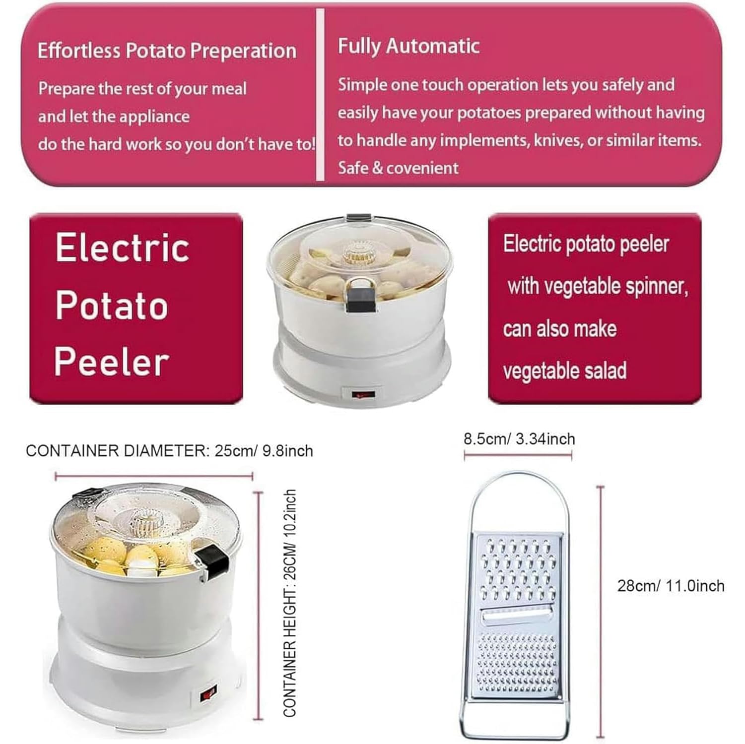 Pelador eléctrico automático de patatas con deshidratación de verduras, operación con un solo botón para manzanas, zanahorias y frutas, fácil de limpiar