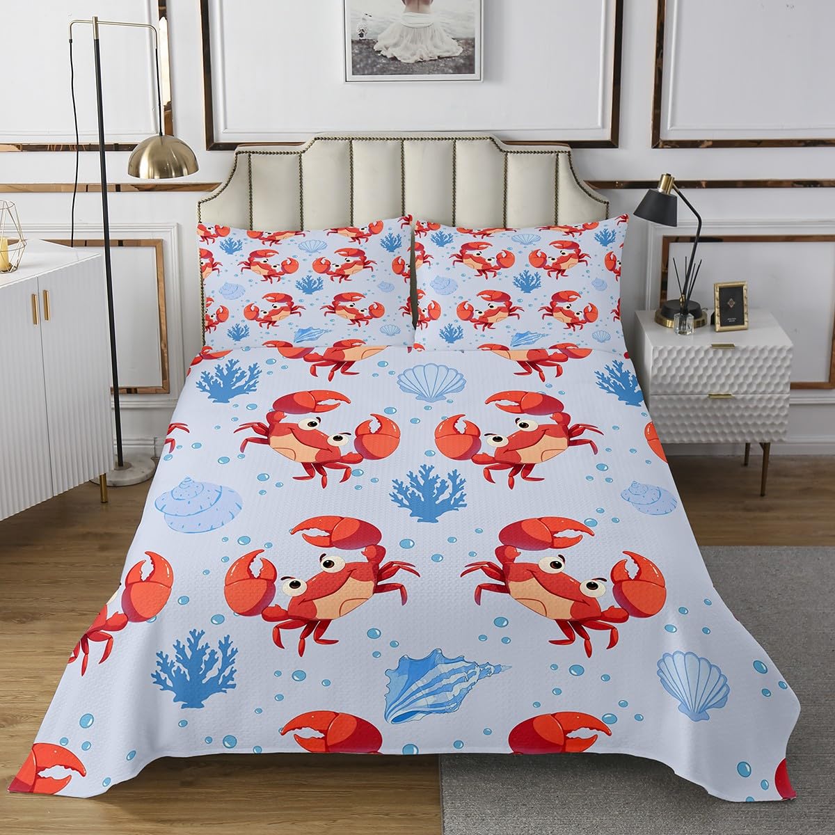 Cartoon Crab Bedding Set,Blue Coral Shell Conch Ocean Theme Bedspread for Kids Boys Girls Teens,Cute Coastal Creature Sealife Coverlet Set with 2 Pillowcases,Queen Size 3 Pcs