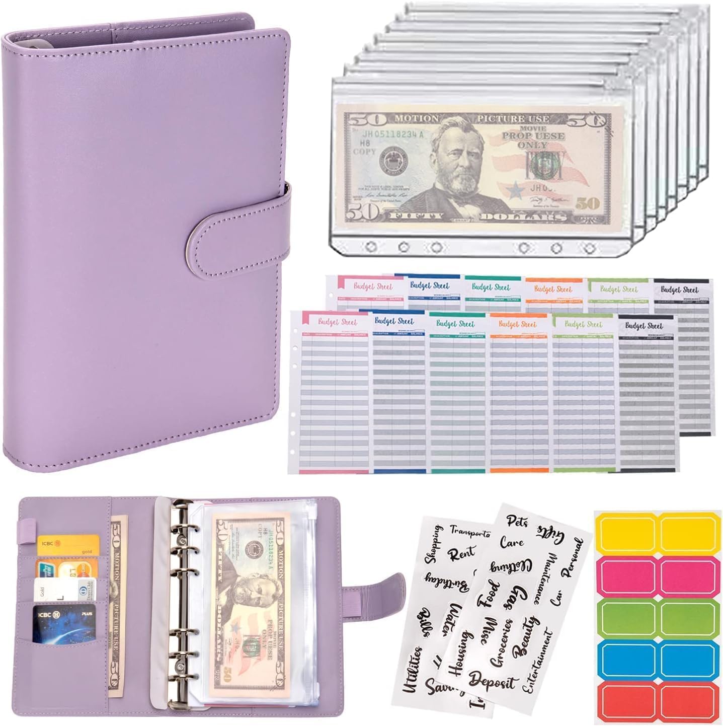 Budget Binder,Money Saving Binder with Zipper Envelopes Cash Envelopes and Expense Sheets for Budgeting 12PCS A6 Binder Pockets Leaf Bags Cash Budget Envelopes System, Storage Binder (Purple 1)