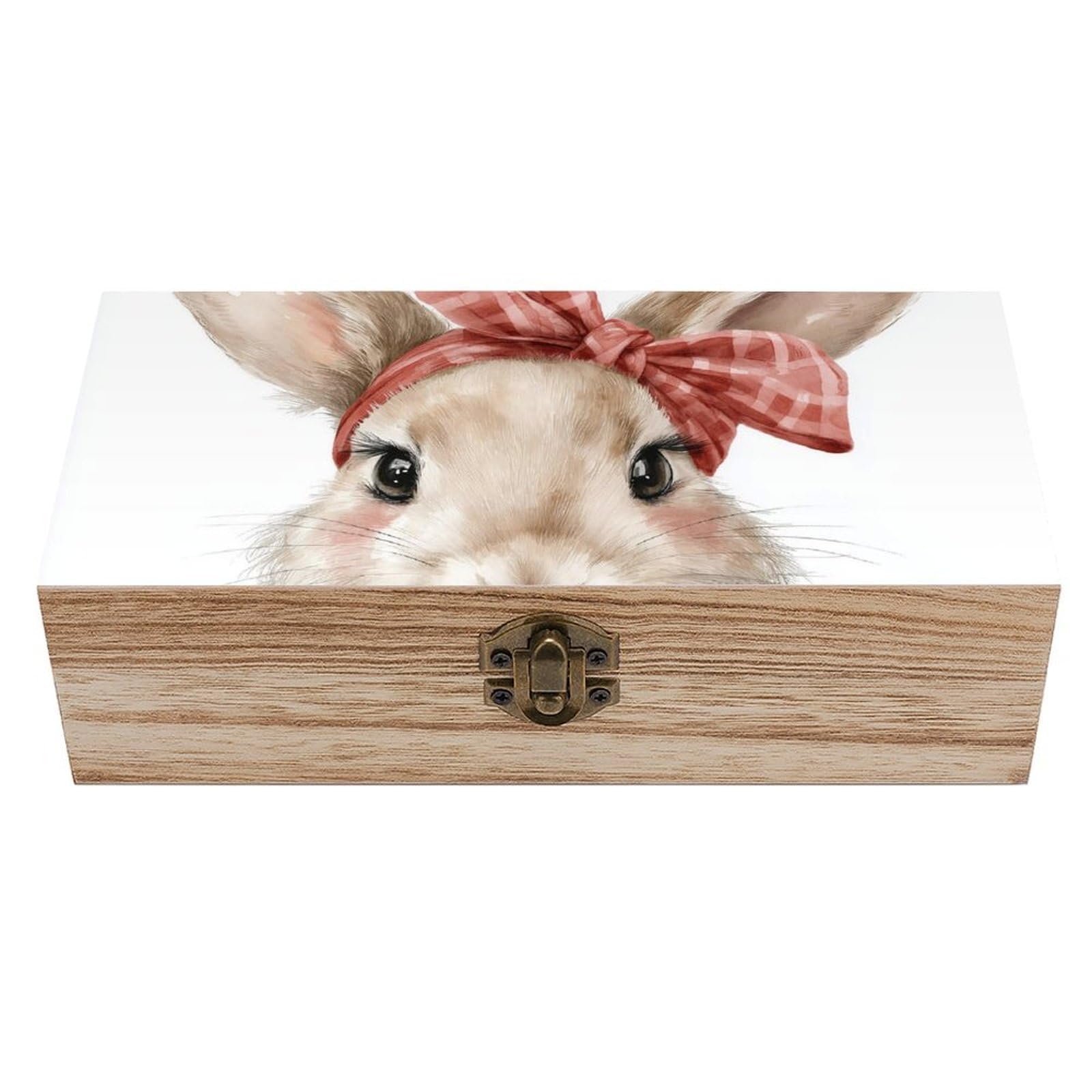 Jubonexis Watercolor Bunny Large Red Bow on Head Wooden Storage Box with Hinged Lid And Front Clasp Large Keepsake Box