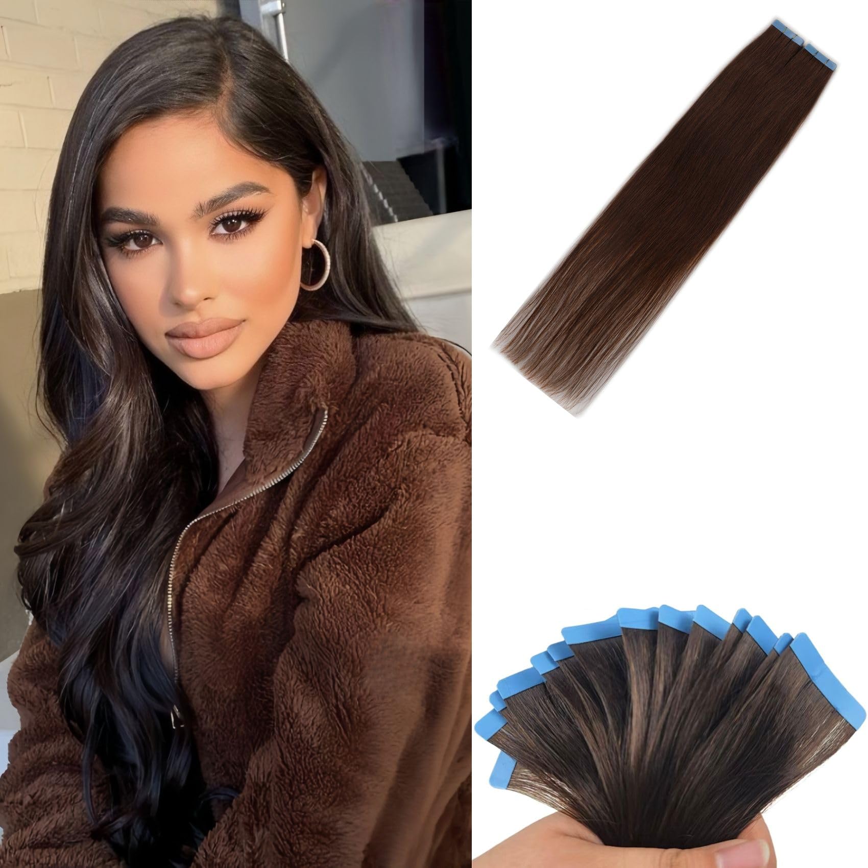 Dark Brown Tape in Hair Extensions Human Hair for Women Invisible 20 Inch Remy Human Hair Extensions Tape in Hair