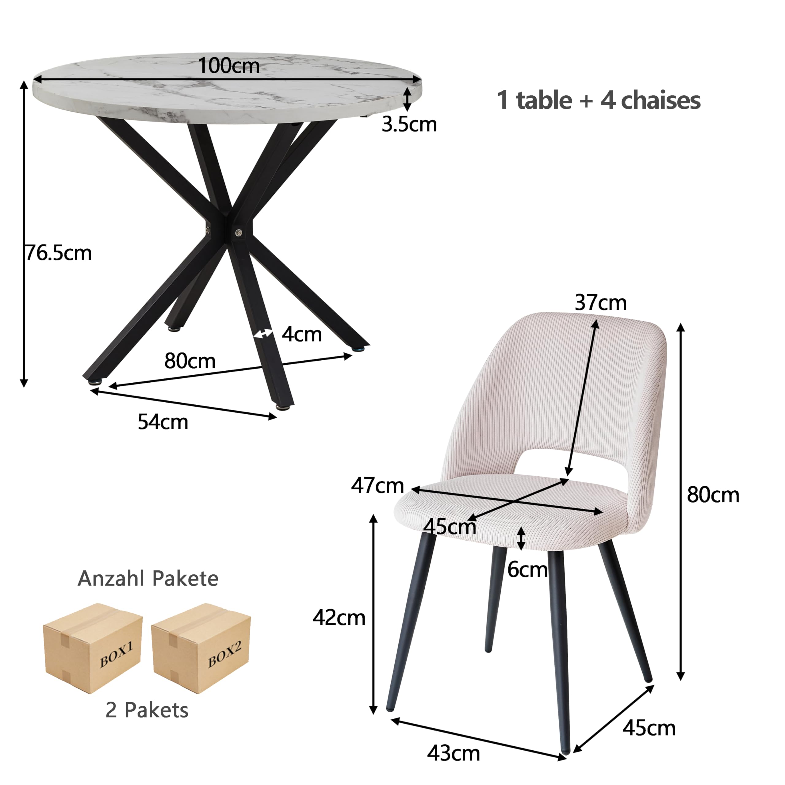 GrandCA HOME Set Tavolo e Sedie da Pranzo,Tavolo Rotondo Moderno da 100 Cm,4 Sedia da Pranzo In Velluto a Coste Traforato,adatto Per Cucina, Soggiorno, Caffetteria(Marmo Nero + Beige)