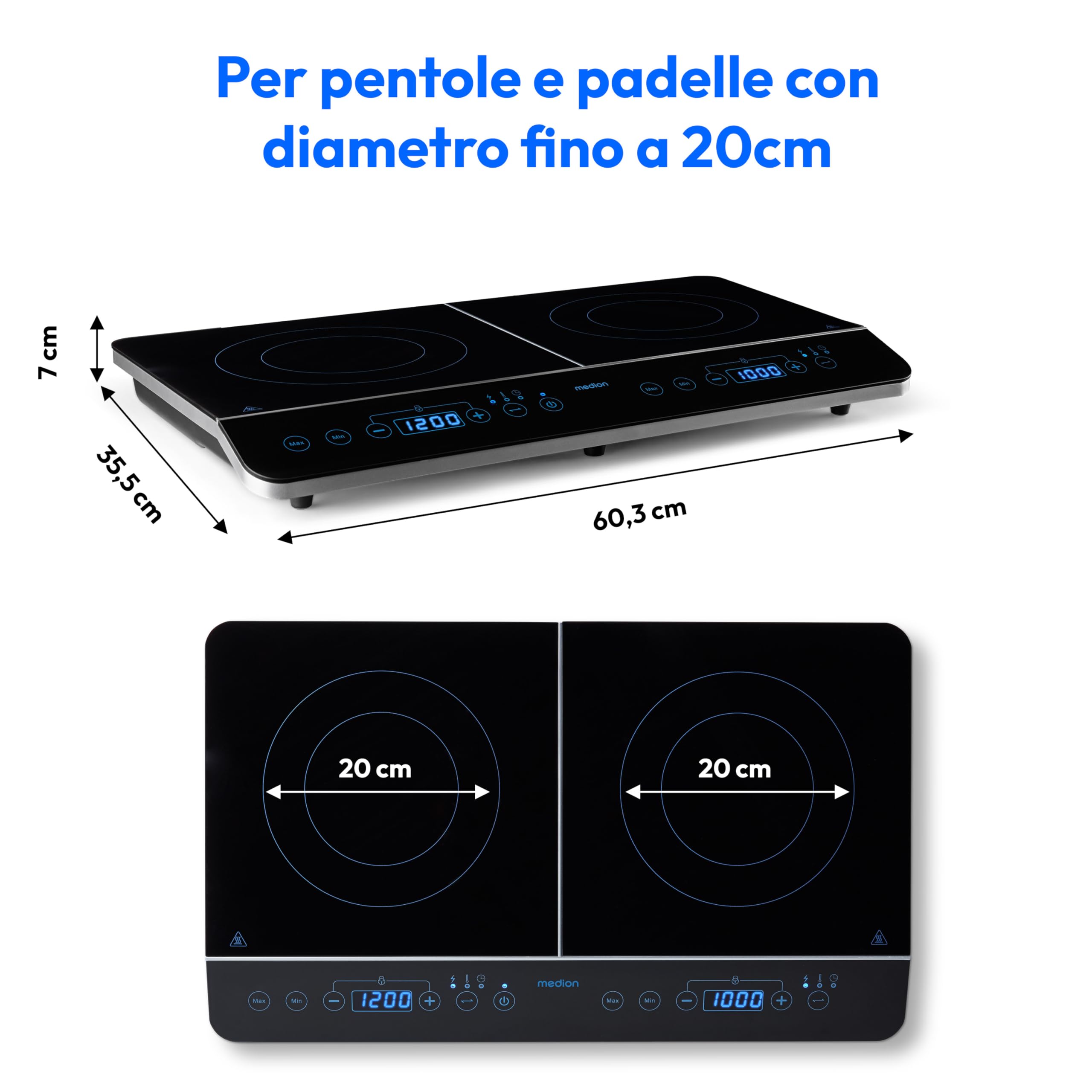 MEDION Piastra a induzione doppia con due piastre di cottura, 3500 Watt, 10 livelli di temperatura, display a LED, MD 15324, nera