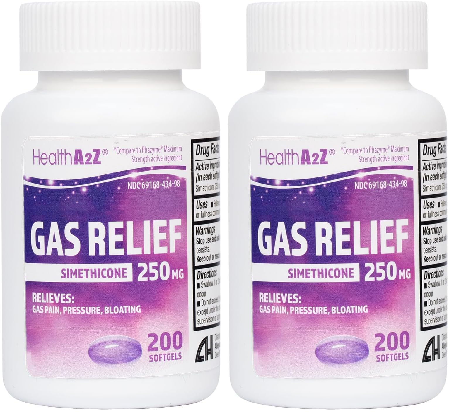 HealthA2Z® Gas Relief, Simethicone 250mg, Fast Acting Gas Relief, Bloating, Pressure, Discomfort, 200 Softgels (Pack of 2)