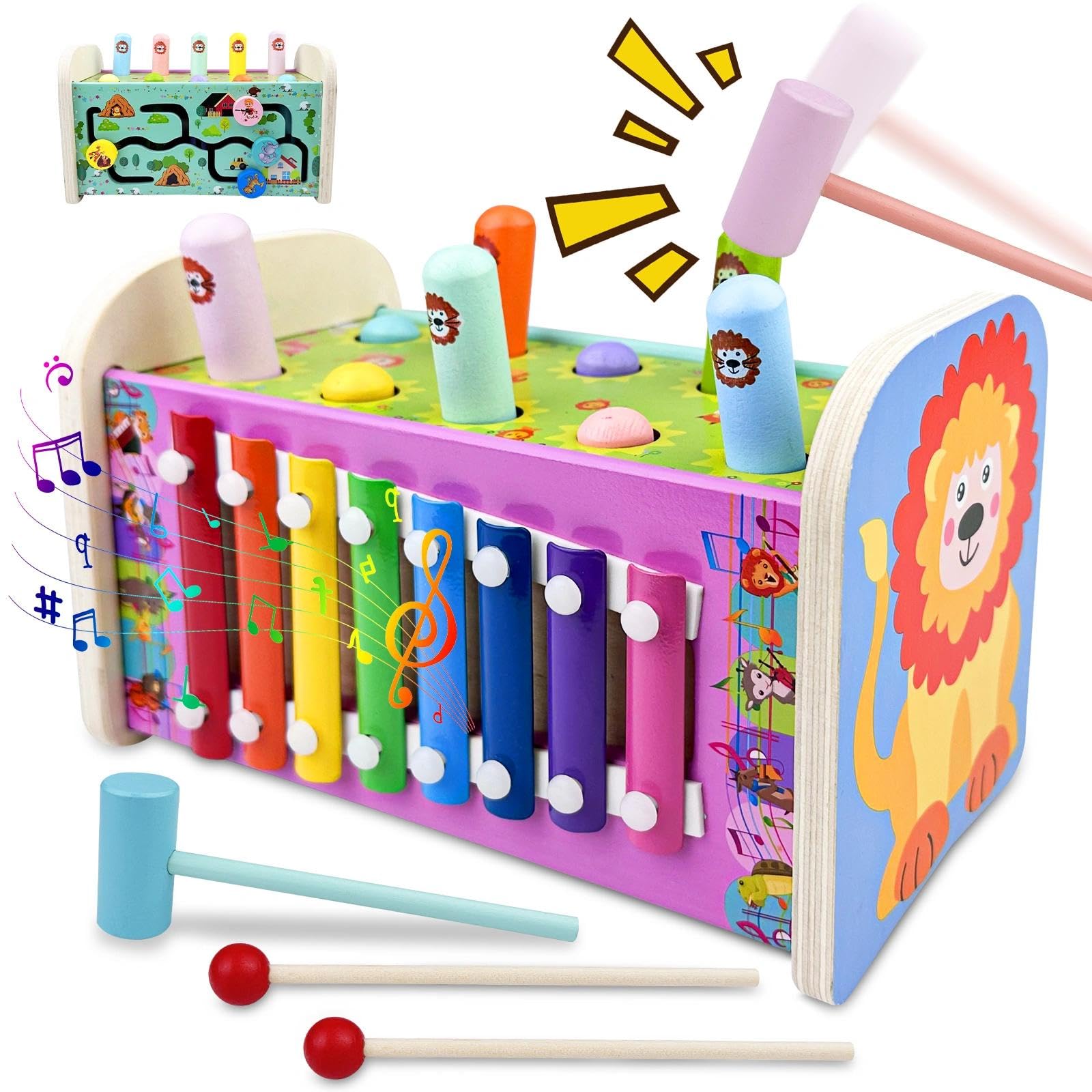 Jouet Xylophone Bebe 3 en 1, Montessori Marteau en Bois, Jeux Chasse Taupe, Banc À Marteler, Motricité Fine Cadeau Enfant 1-4 Ans