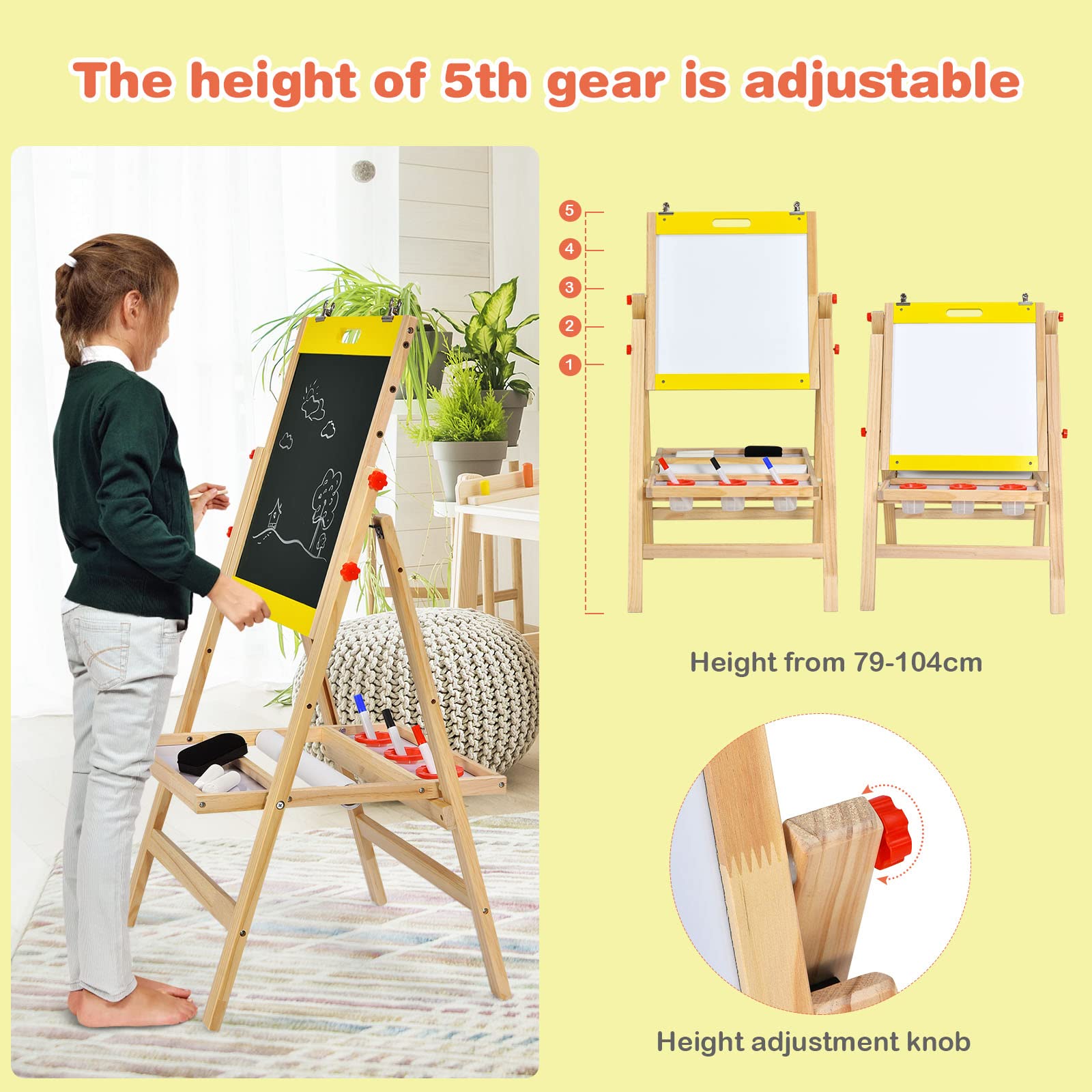 LIFEZEAL Lavagna per bambini 2 in 1, cavalletto regolabile per bambini, alzata e abbassabile, lavagna pieghevole in legno, lavagna a doppia faccia e lavagna bianca, con accessori e ripiano (giallo)