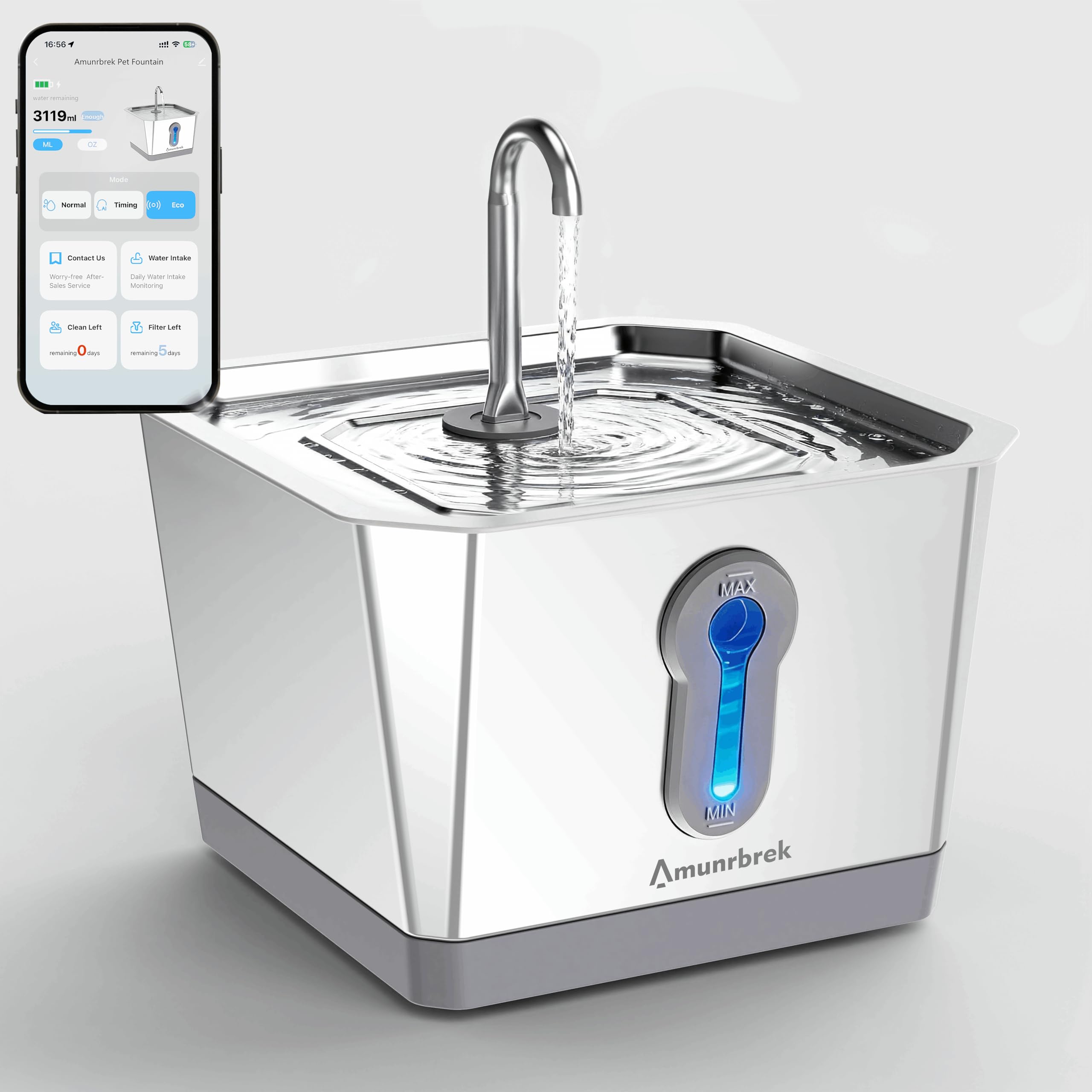 Amunrbrek Cat Water Fountain Stainless Steel with 3.5L/118oz Capacity, Wireless Automatic Cat Water Dispenser with App Monitoring & 2.4G WiFi, Indoor Pet Fountain for Cats and Dogs