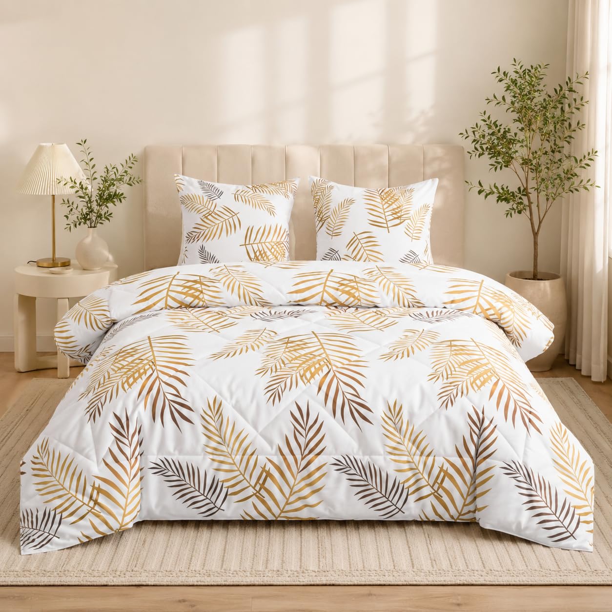 Trapunta 220 x 240 cm Piante Bianco Stampata Foglie Palma 4 Stagioni per Letto 2 Persone, Edredon Reversibile Trapunta Legere, Senza Houss e 2 federe 65 x 65 cm