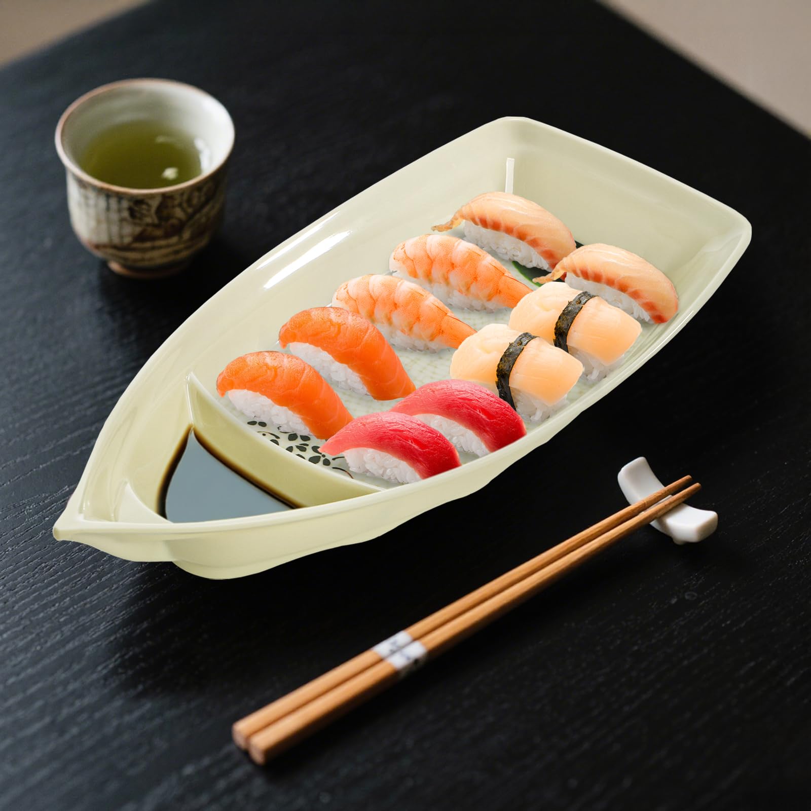 Paquete de 2 platos en forma de barco de sushi, bandeja para servir sushi sashimi, plato de plástico de melamina casi irrompible, apto para lavavajillas, 12.9 x 5.7 pulgadas 4