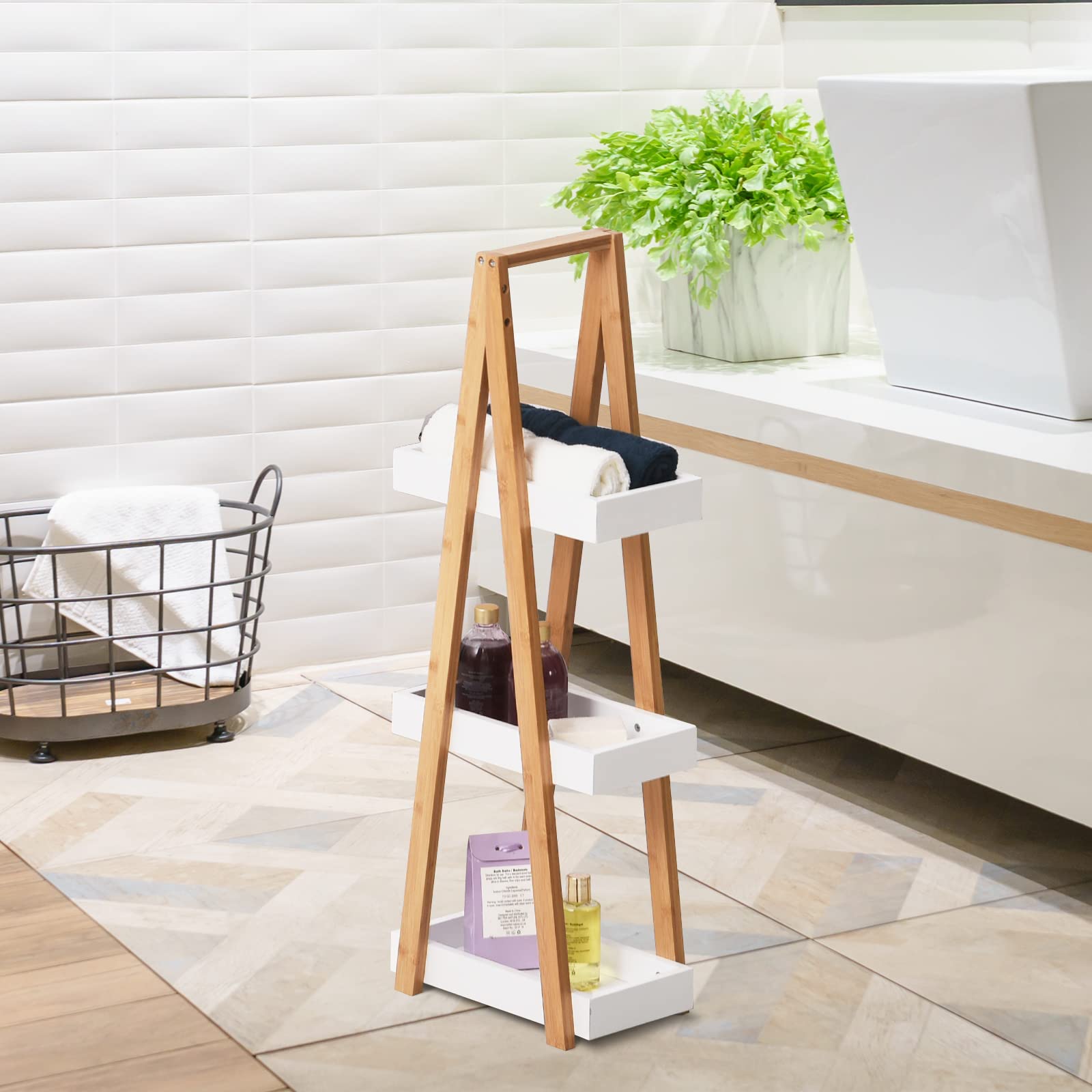kleankin Estantería de Baño de Bambú Forma de A 30x18x81cm Natural y Blanco | 3 Estantes, Estantería de Almacenaje