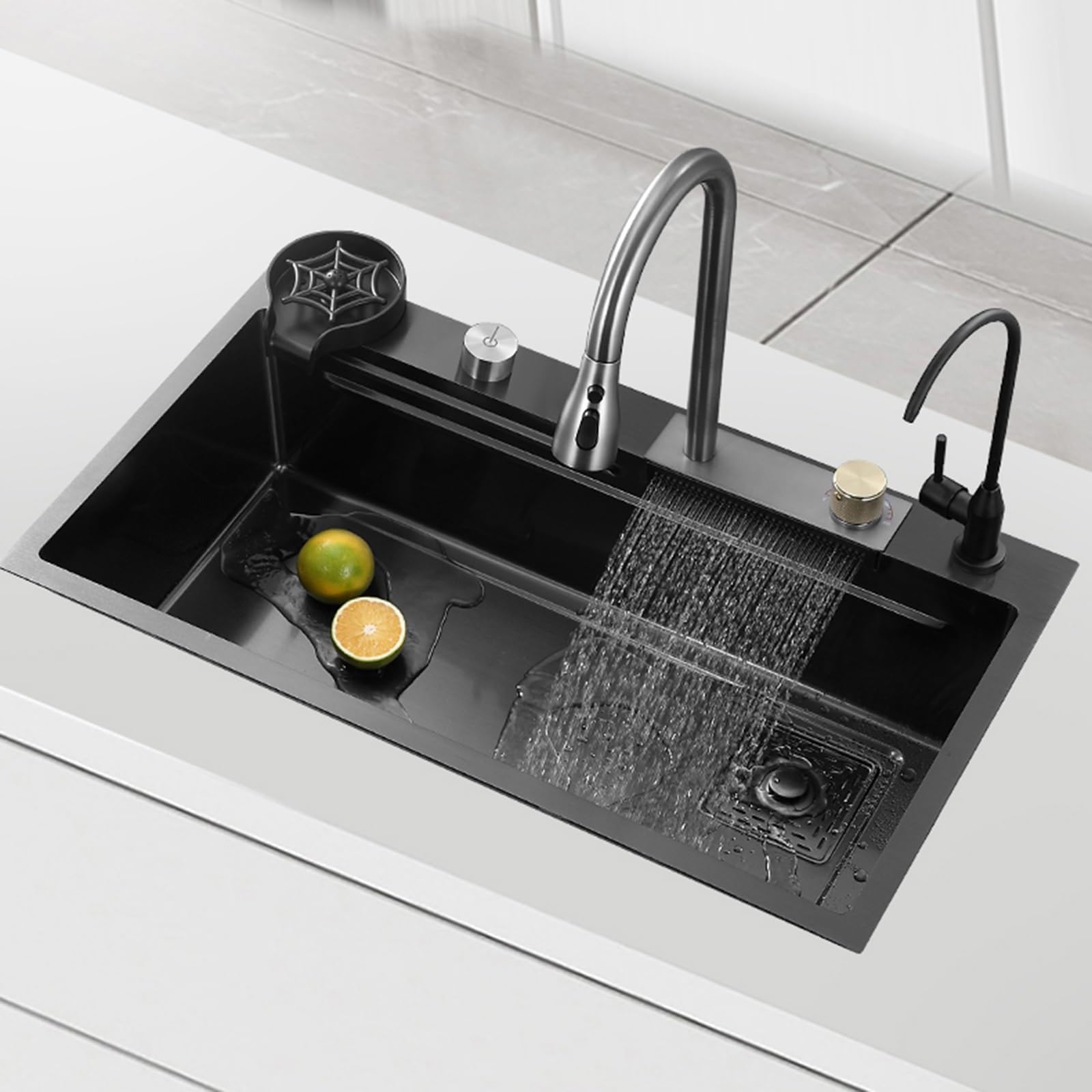 Kitchen Utility Sink,Black 304 Stainless Steel Waterfall Pull-Faucet Single Bowl Bar sinks,Family Sink Full set Accessories,Washing,Draining and Cutting 3-in-1 Multi-functional Far