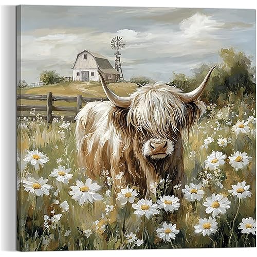 YUEYARIT Farmhouse Highland Cow Wall Decor in Neutral colour: Rustic Cow and Chrysanthemum picture Canvas Art Print, Gift for Bathroom or Kitchen, Ideal Animal Artwork for Living Room