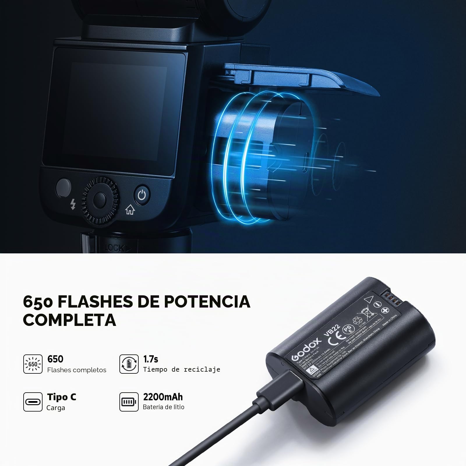 Godox V480O Flash TTL Olympus Panasonic 2.4G HSS 1/8000s pantalla táctil 2.0" | GN50 Speedlite, USB-C Charge, 650 luces de pleno poder, tiempo de carga de 1.7s, lámpara piloto de 10 niveles
