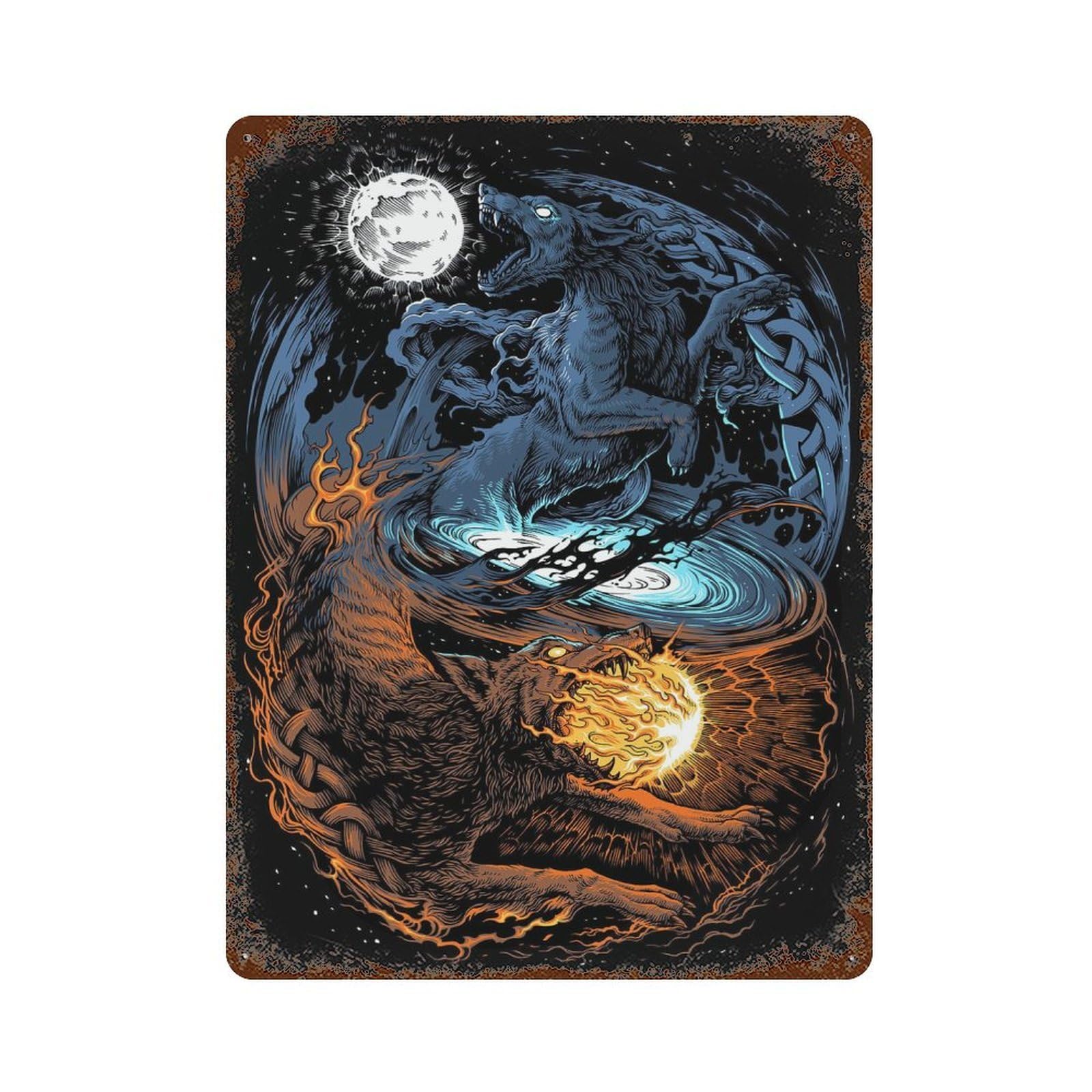 Norse Viking Wolves Myth Rust Effect Tin Sign 15.7"x11.8", Ideal for Cafe, Home Bar And Lounge Decor