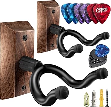 Guitar Wall Mount 2 Pack - U-Shape Guitar Wall Hangers, Guitar Stand Wall, Black Walnut Guitar Hanger, Pick Holder, Gifts for Guitarists, with 6 Assorted Guitar Picks