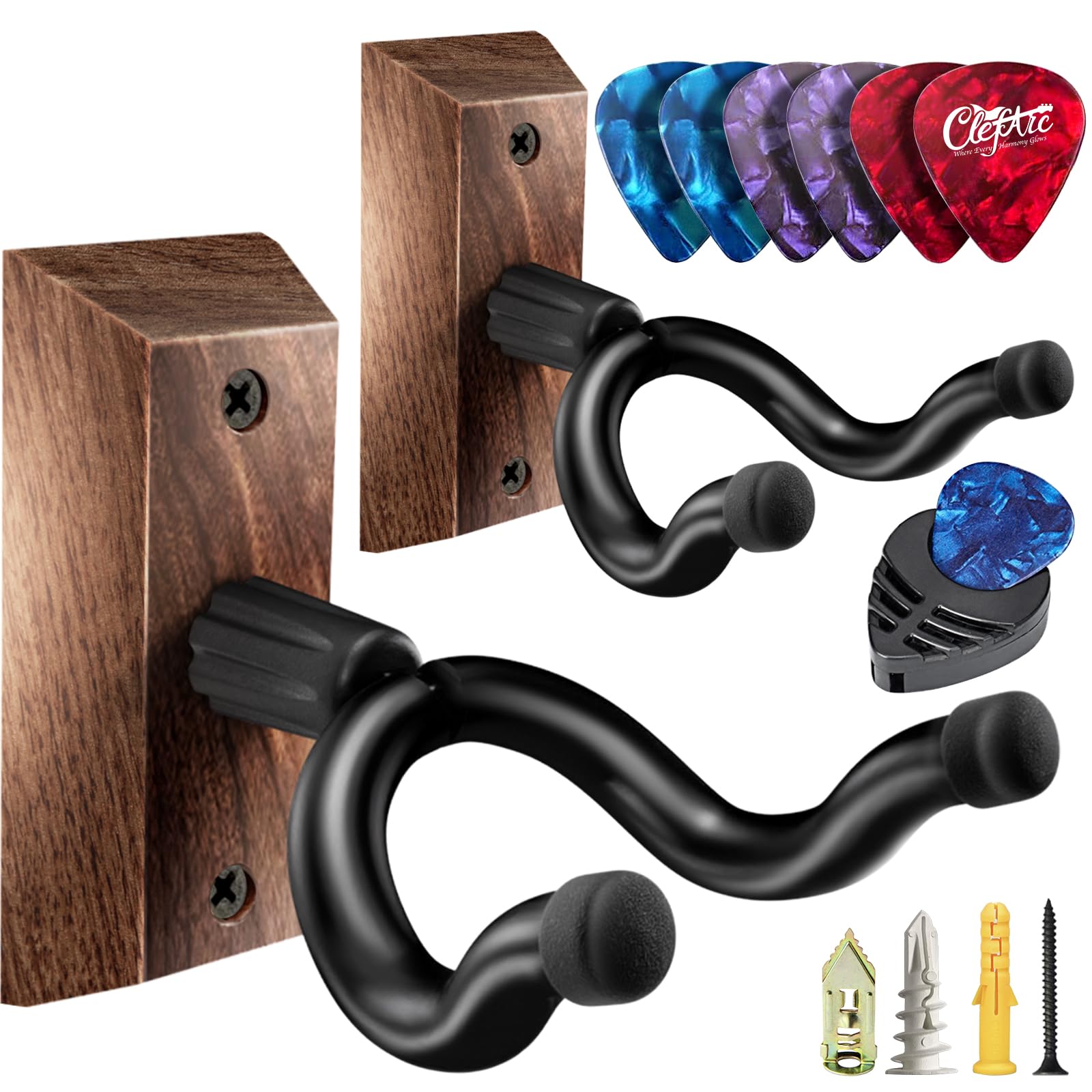 Guitar Wall Mount 2 Pack - U-Shape Guitar Wall Hangers, Guitar Stand Wall, Black Walnut Guitar Hanger, Pick Holder, Gifts for Guitarists, with 6 Assorted Guitar Picks