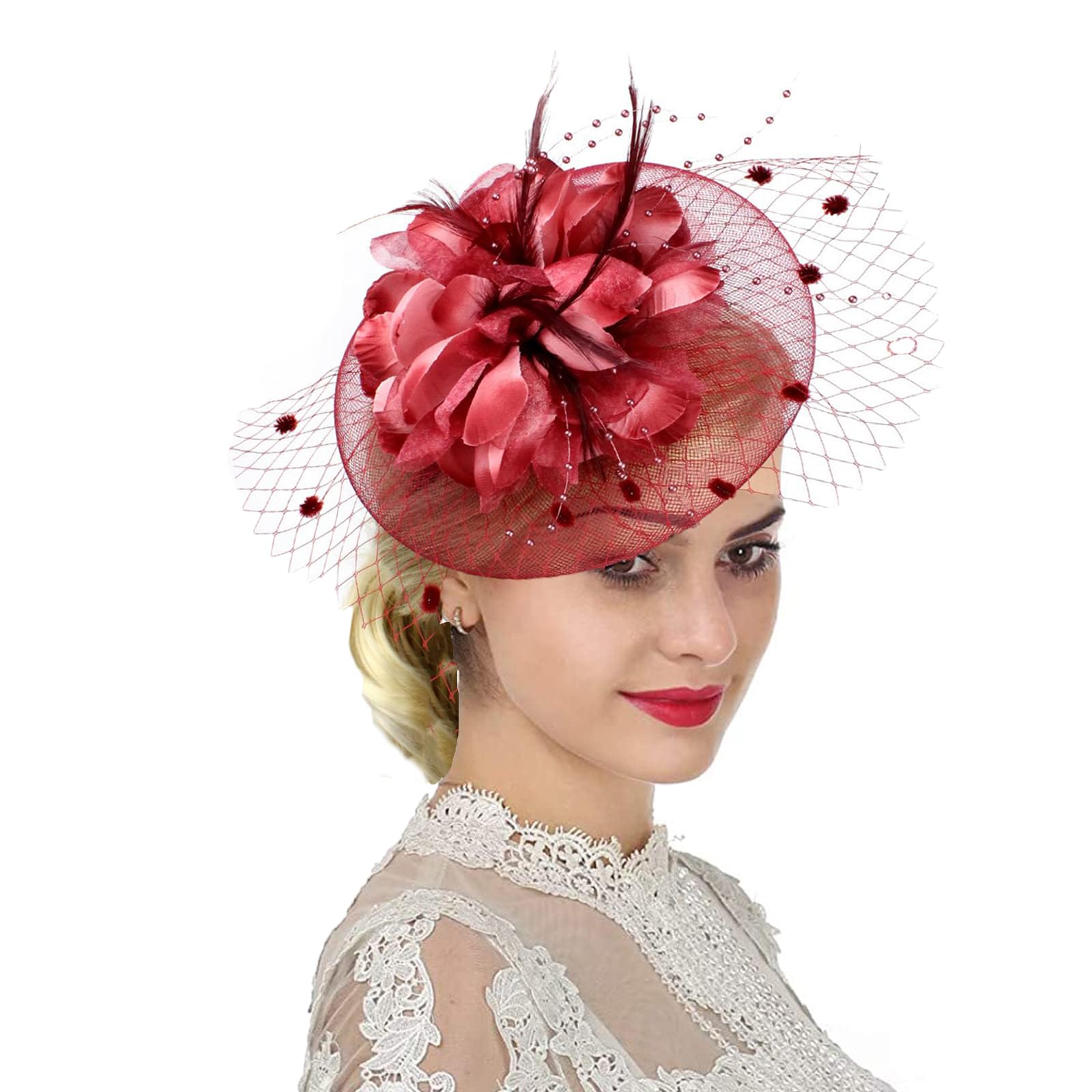 Women Fascinator Veil Hat Flower Feather Mesh Net Bridal Dot Veil Headpiece with Hair Clip and Headband Ladies Wedding Party Costume Headwear Fancy Dress Hair Accessories for Cocktail Party Ascot Race