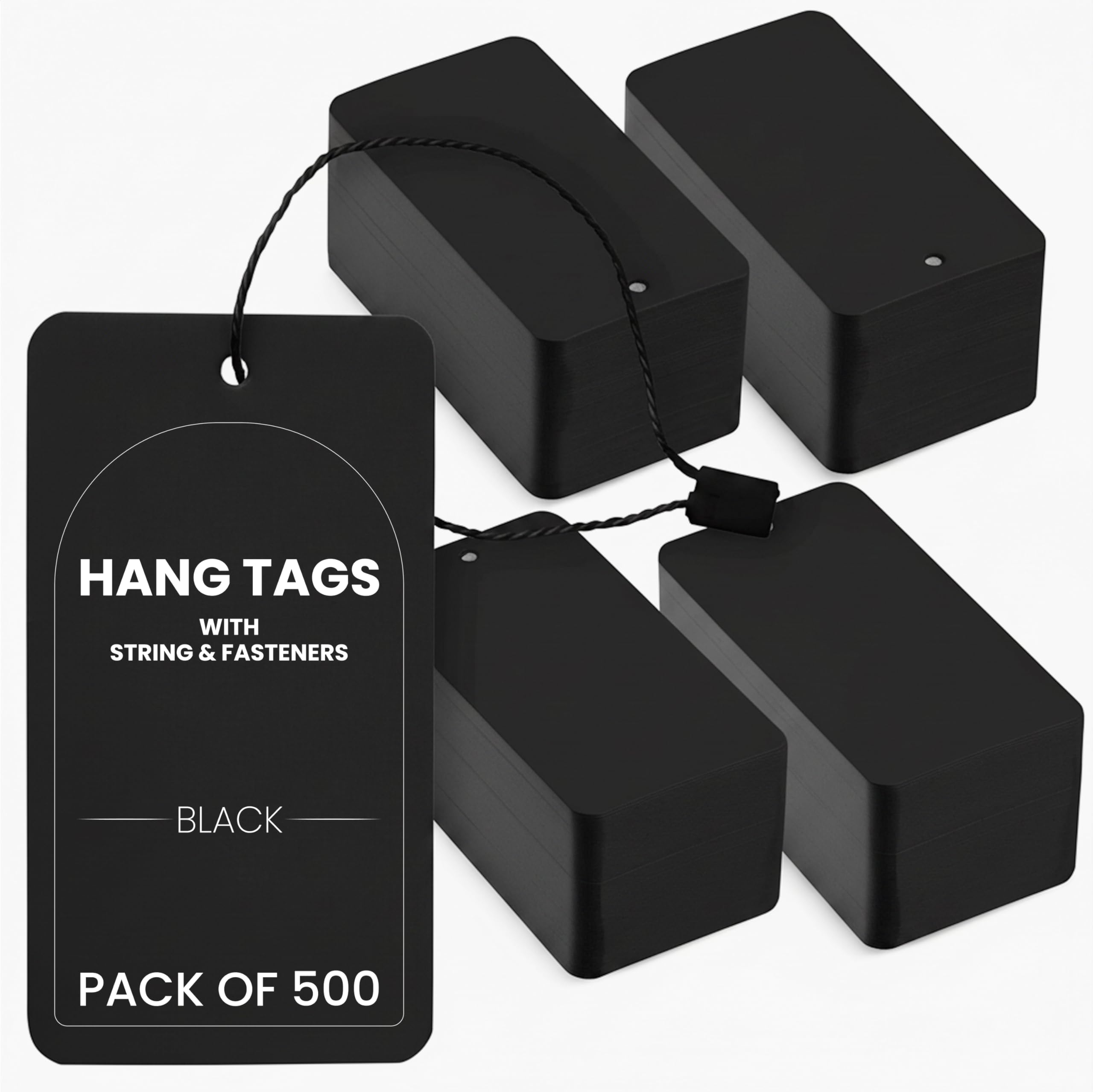 Blank Hang Tags with String and Fasteners, 2 x 3.5 in Cardstock Paper Tags for Labeling, Pricing, and Gifting - 500-Pack Black for Retail, Clothing, Gifts, and Craft Projects