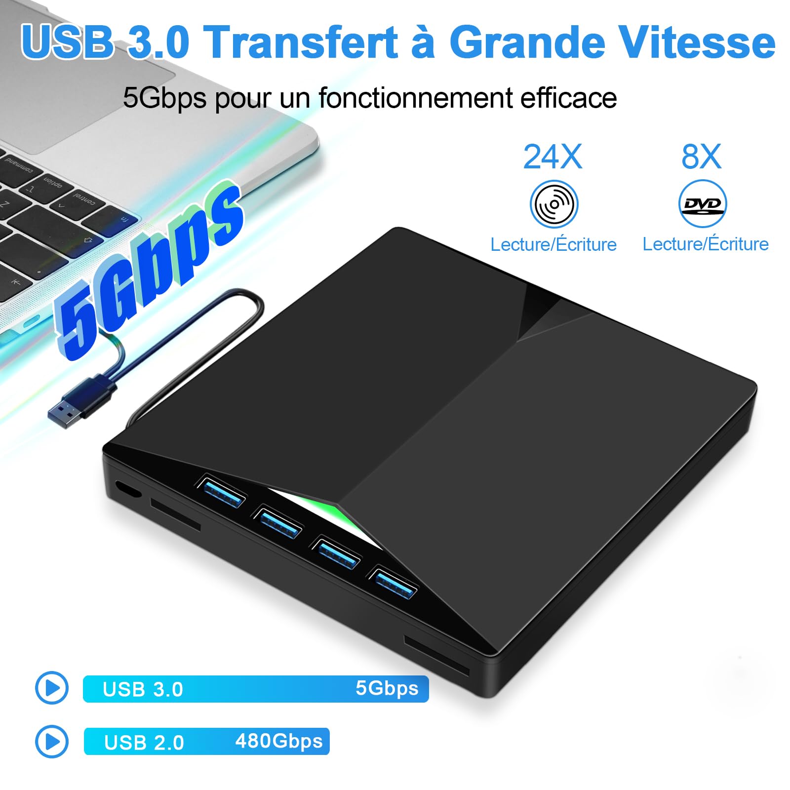 Lecteur CD/DVD Externe pour PC, Graveur DVD Externe USB 3.0 Mince Portable | Graveur Enregistreur RW/ROM Drive Transmission Rapide Câble USB Intégrée pour Windows 7/8/10/11,Vista,Linux,Laptop,Desktop
