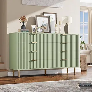 8 Drawer Dresser for Bedroom, Fluted 55" Wide Modern Chest of Drawers with Deep Drawers, Wooden Dresser Organizer for Living Room, Hallway, Kids Room, Green