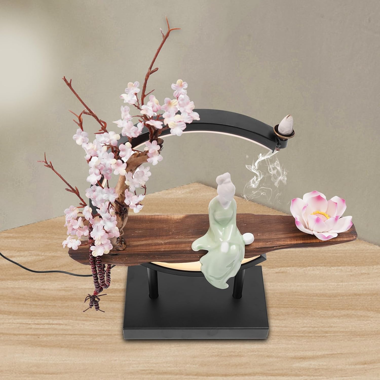 Backflow Incense Holder with LED Light, Indoor Ceramic Good Luck Happy Buddha Statue with Artificial Tree and LED Circle Table Lamp (Black+Brown)