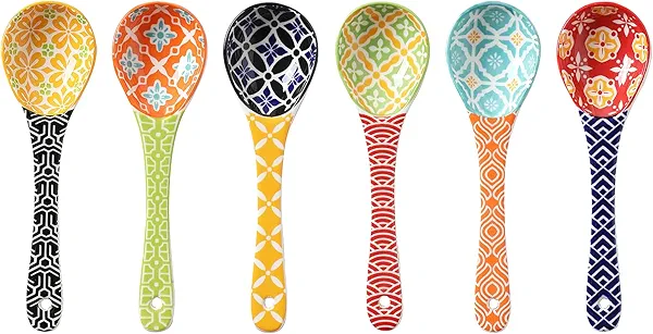 Metahom Ceramic Small Serving Spoons, Colorful Soup Spoon Set for Cereal, Yogurt, Dips, Ice Cream, Ramen, Dishwasher & Microwave Safe, Cute Decorative Spoon Set of 6